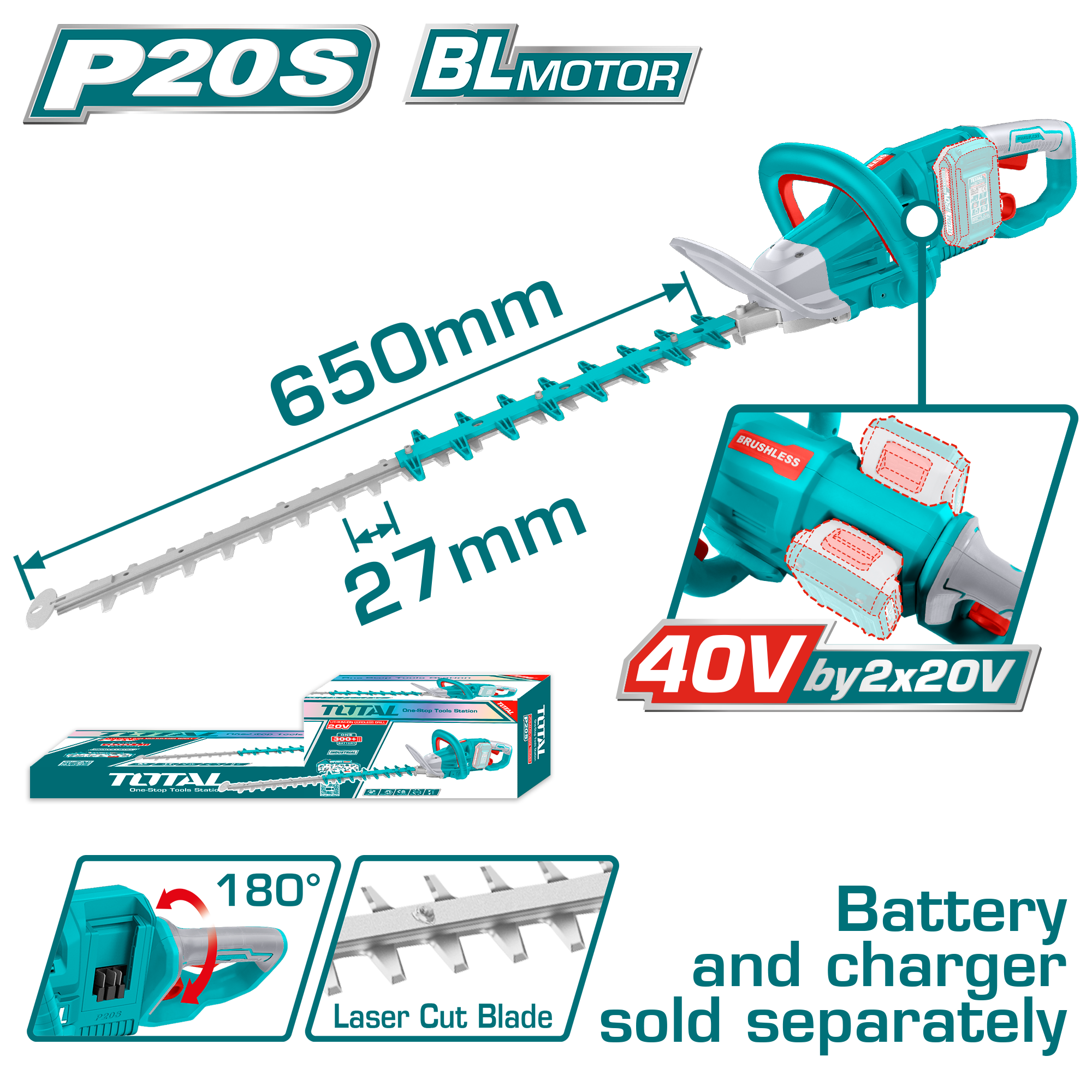 Prerës për gardh gjallë 650mm 40v (2x20V) vetëm pa bateri TOTAL THTLI40028