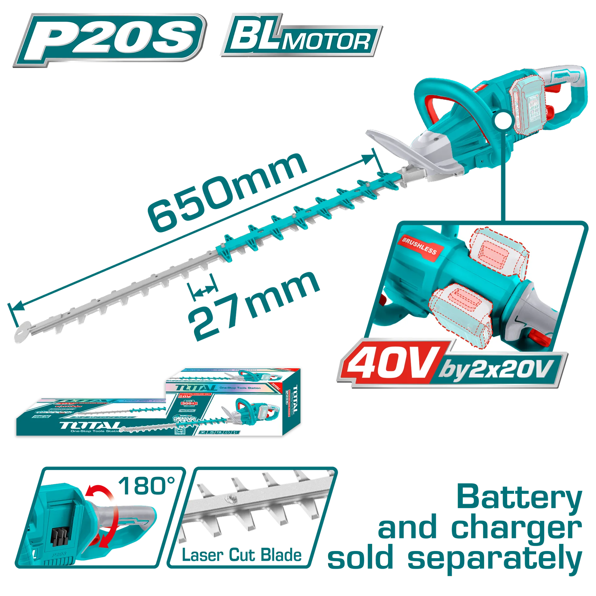 Prerës për gardh gjallë 650mm 40v (2x20V) vetëm pa bateri TOTAL THTLI40028