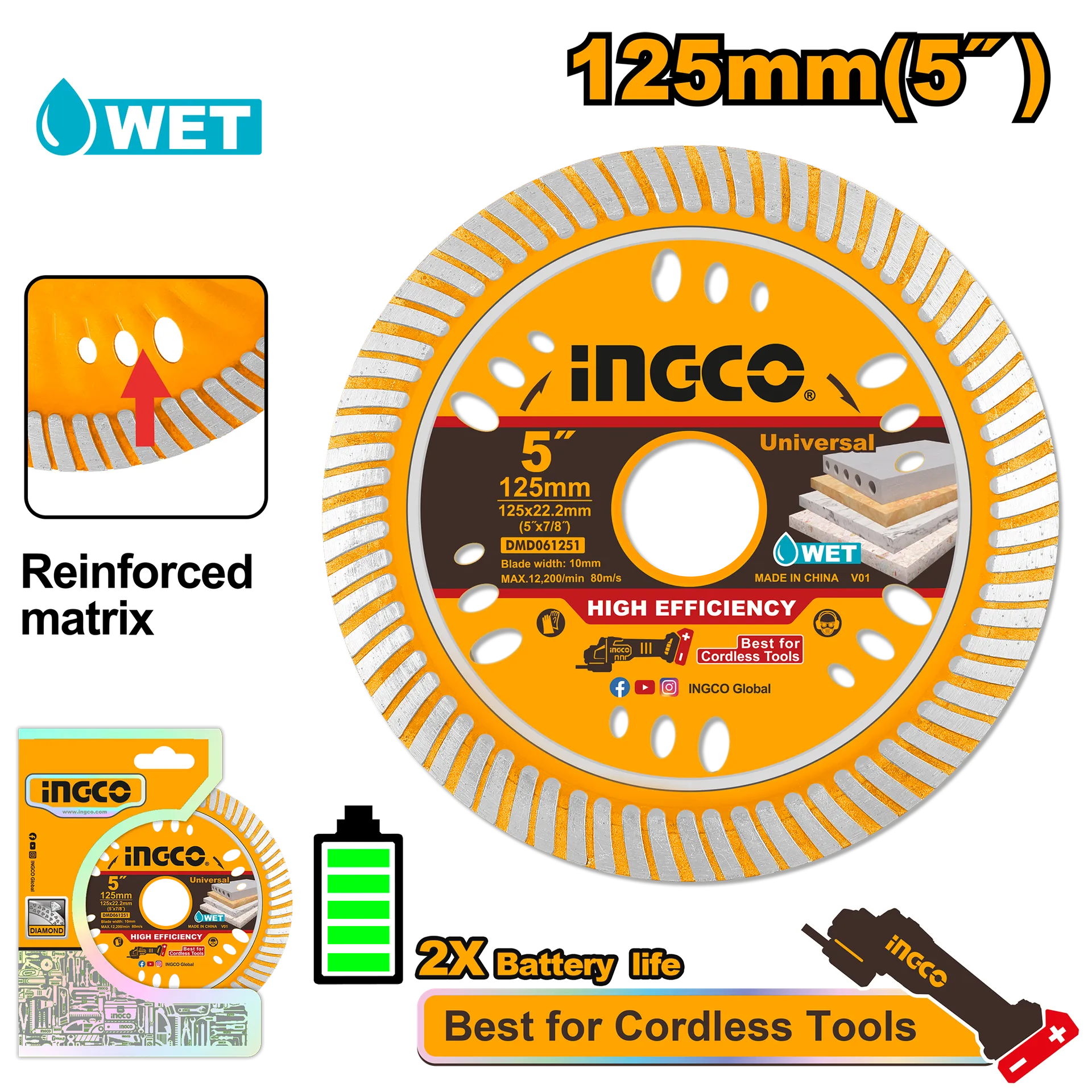 Disk diamant universal 125mm për vegël me bateri INGCO DMD061251