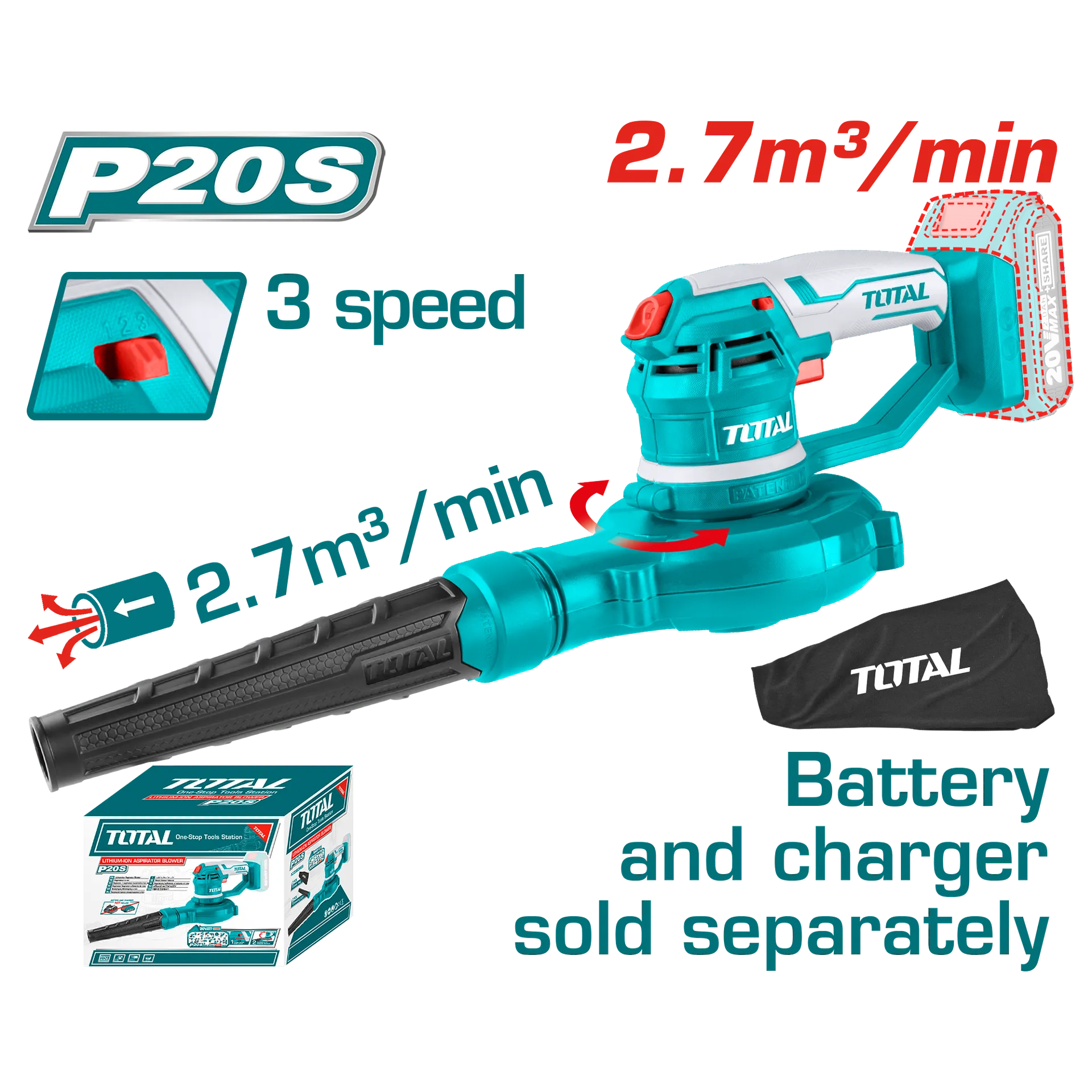 Fryrëse e baterisë 2.7m3/min 20V vetëm pa baterite TOTAL TABLI2001