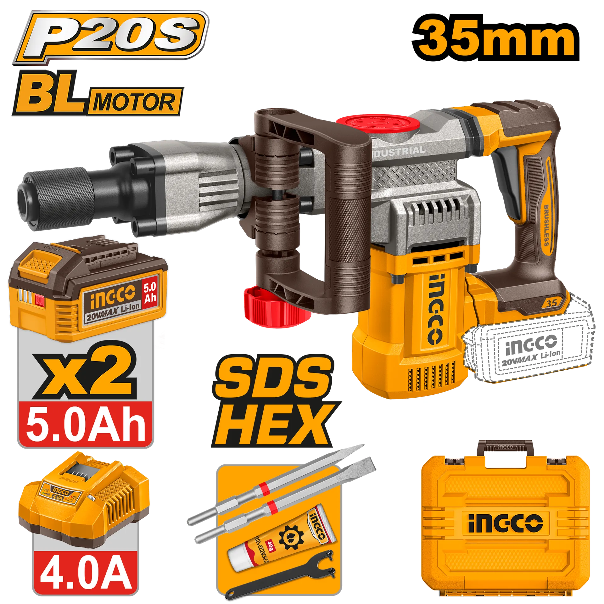 Çekiç shpues (hilti) SDS HEX 20V 2x5.0Ah 16J INGCO CDBLI203582