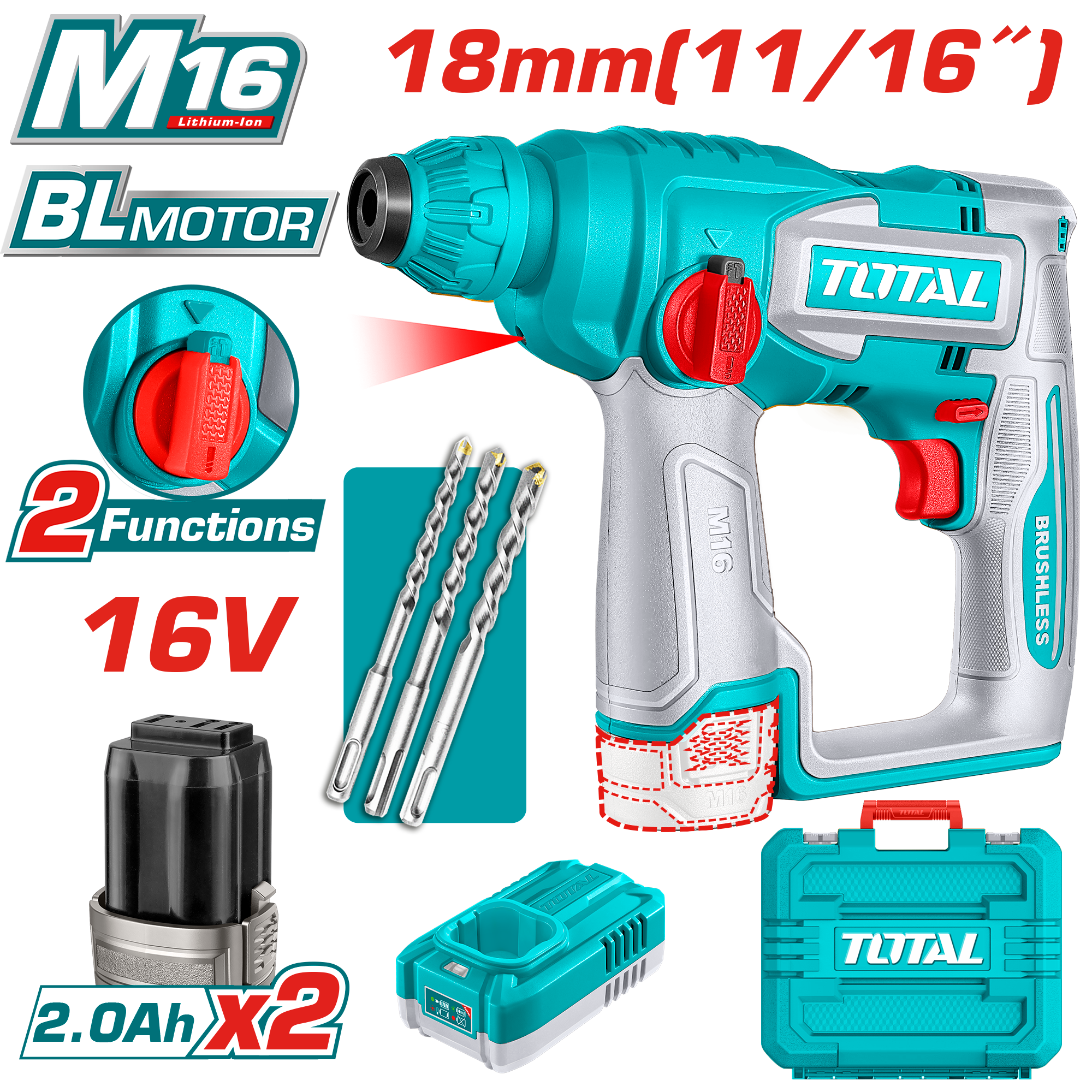 УДАРЕН ЧЕКАН ДУПЧАЛКА 18mm TOTAL SDS+ 16V 2×2.0Ah БАТЕРИИ TRHLI16168
