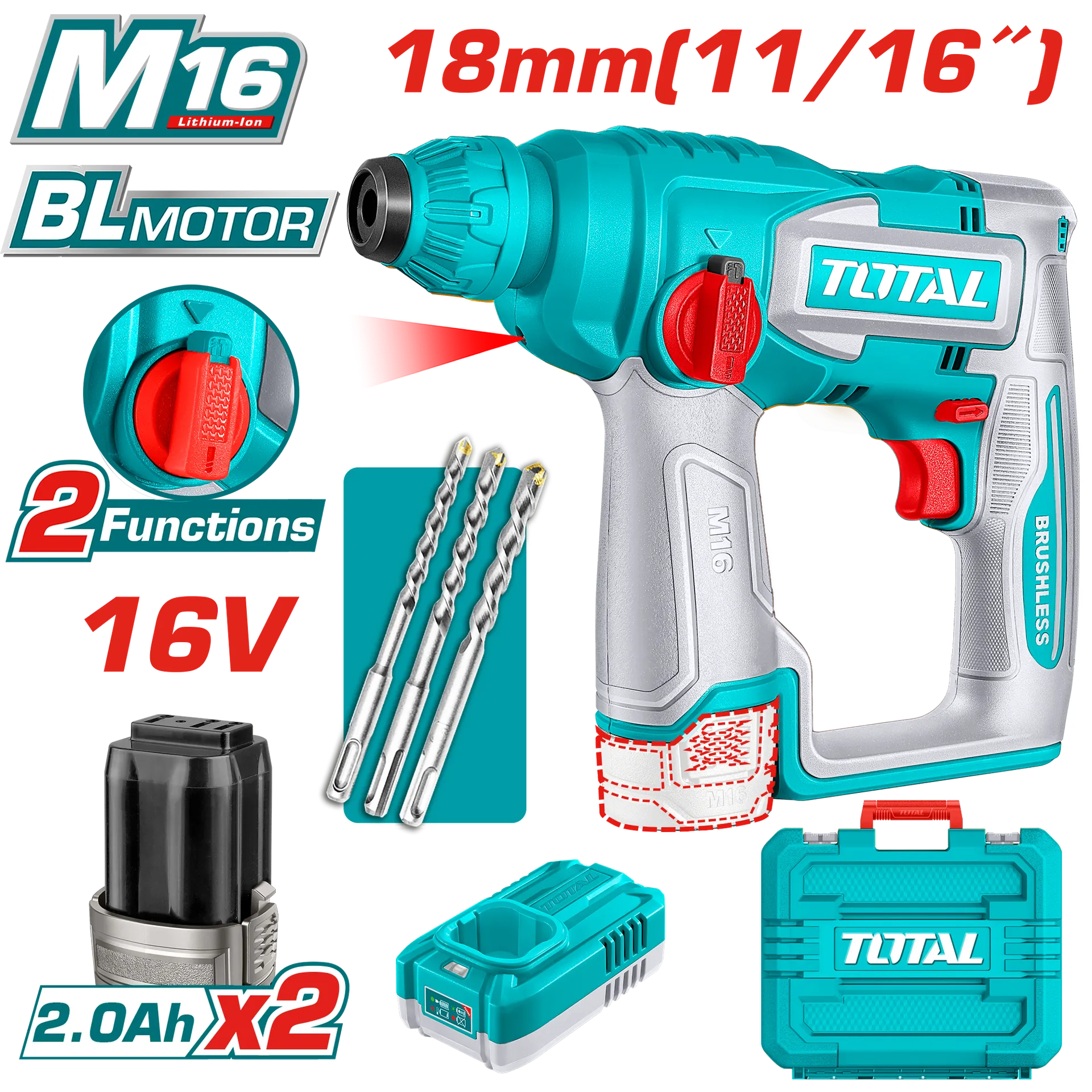 УДАРЕН ЧЕКАН ДУПЧАЛКА 18mm TOTAL SDS+ 16V 2×2.0Ah БАТЕРИИ TRHLI16168