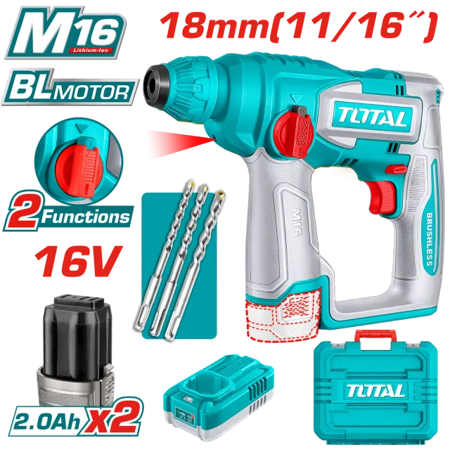 УДАРЕН ЧЕКАН ДУПЧАЛКА 18mm TOTAL SDS+ 16V 2×2.0Ah БАТЕРИИ TRHLI16168