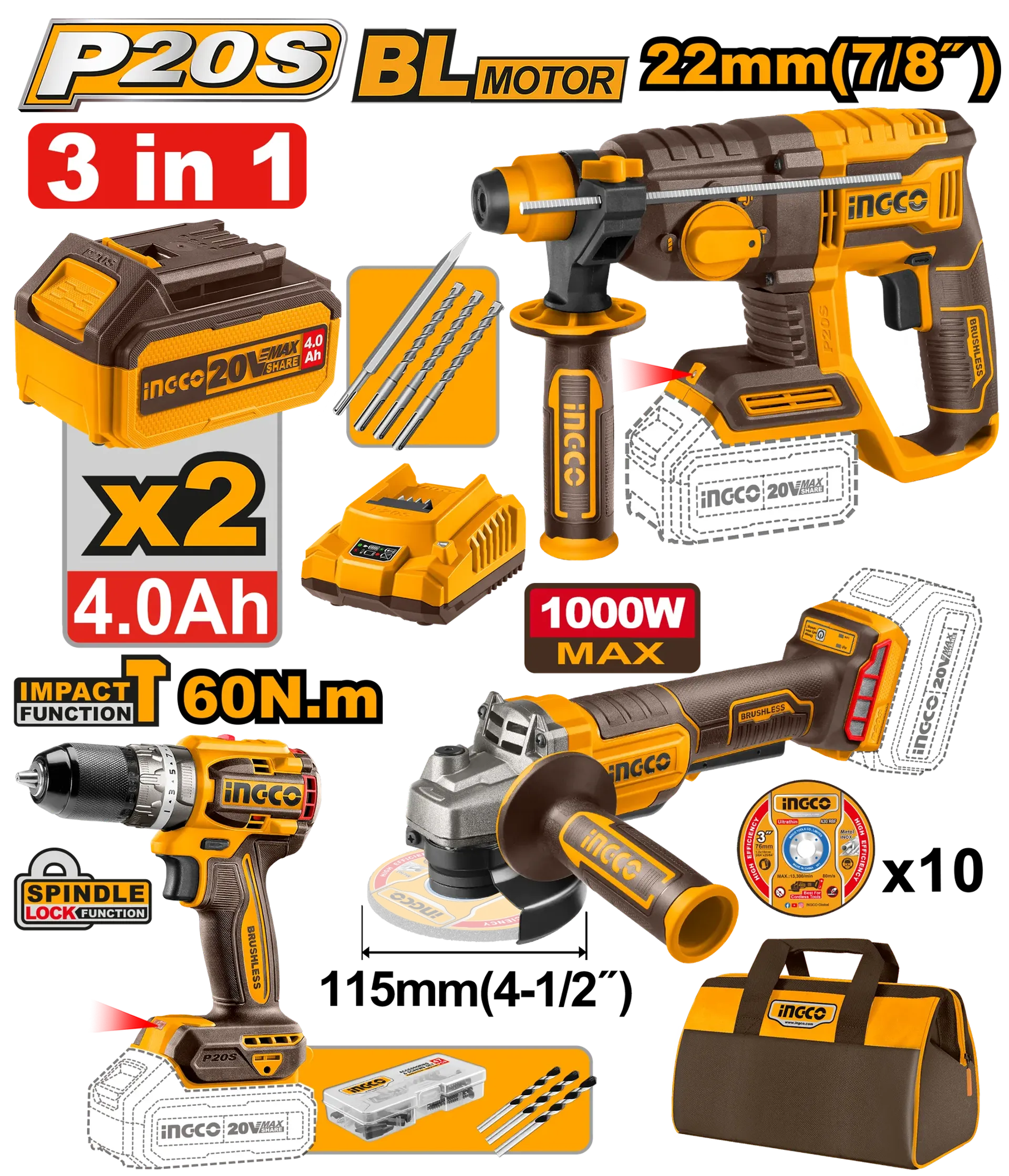 INGCO combo set 3/1 2x4.0Ah - COSLI240202