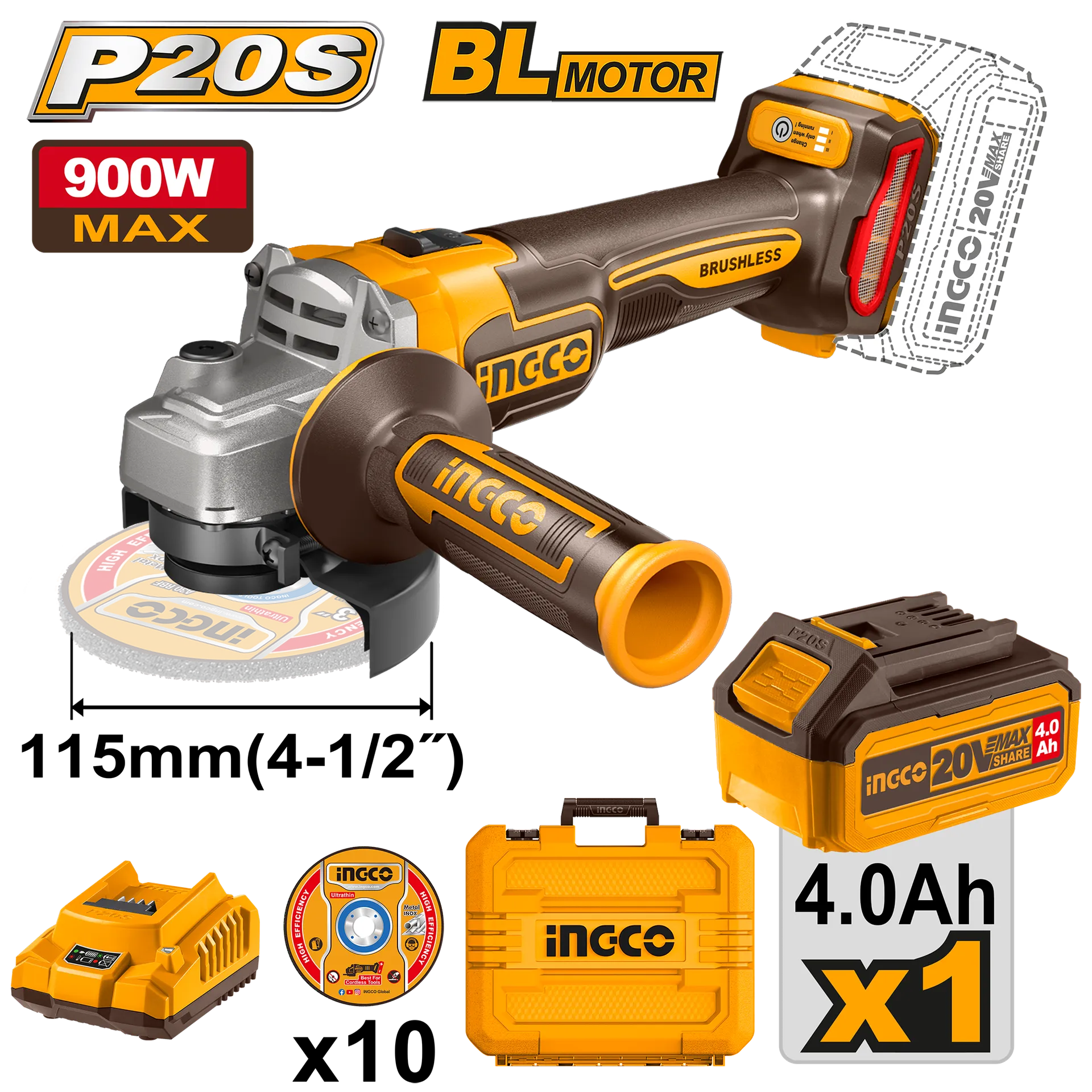 Brusi këndor baterik 20V 1x4.0Ah bateri INGCO CAGLI211541