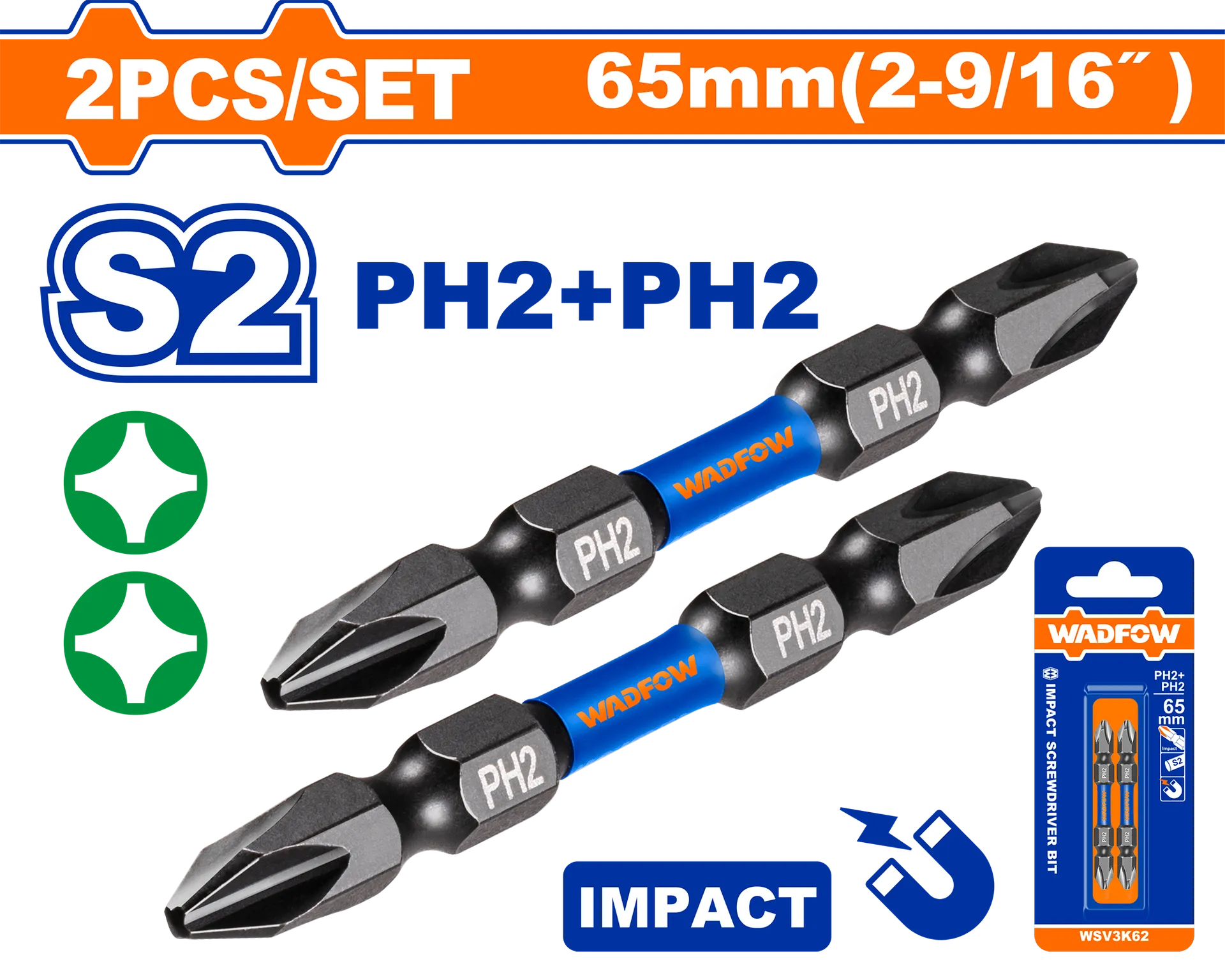 УДАРЕН БИТ 2xPH2 65mm WADFOW WSV3K62