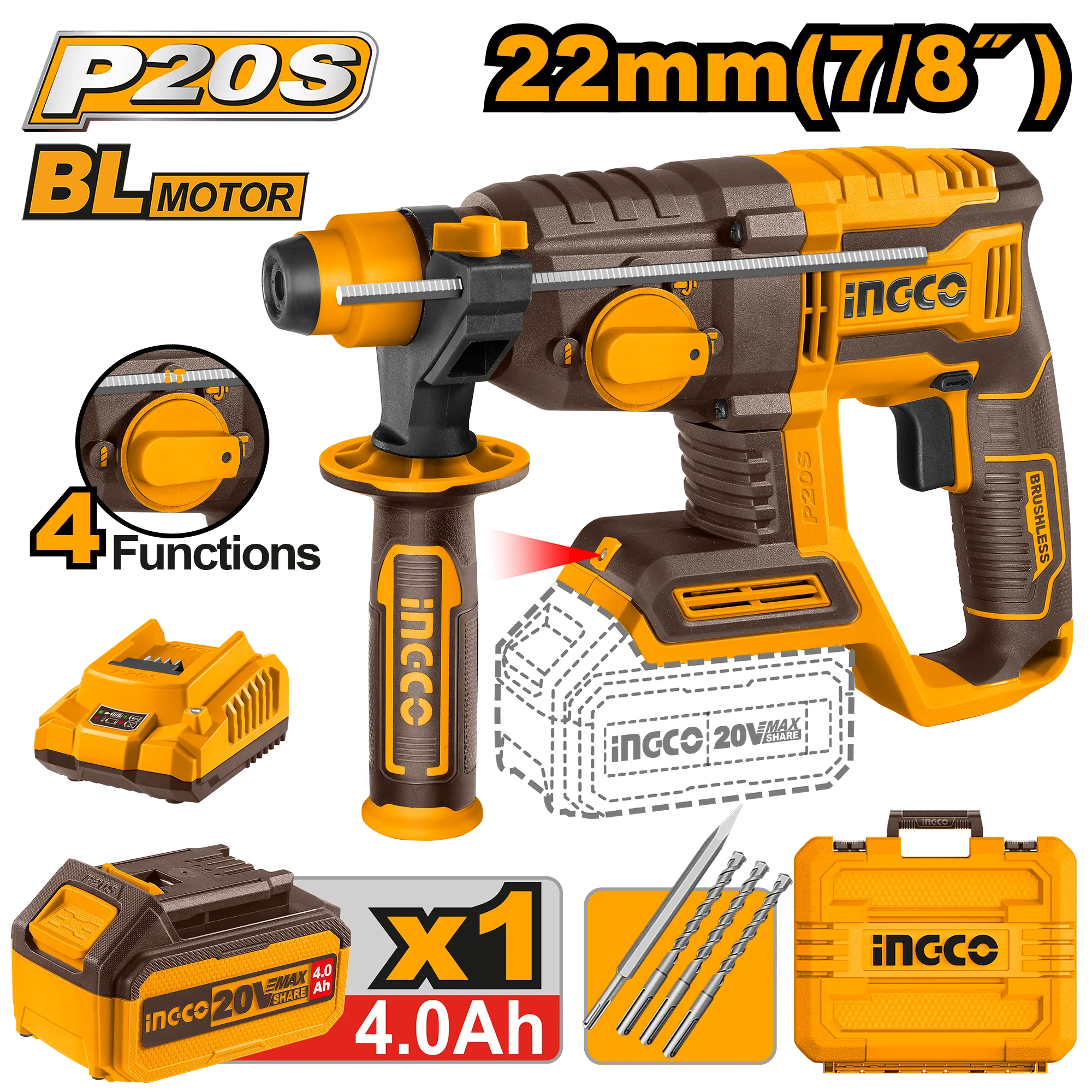 Çekiç shpues SDS+ 20V 1x4.0Ah 22mm INGCO CRHLI202081