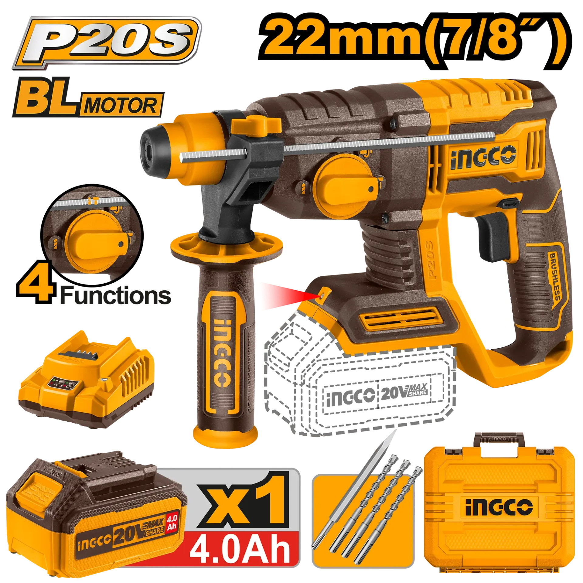 УДАРЕН ЧЕКАН ДУПЧАЛКА SDS+ 20V 1×4.0Ah 22mm INGCO CRHLI202081