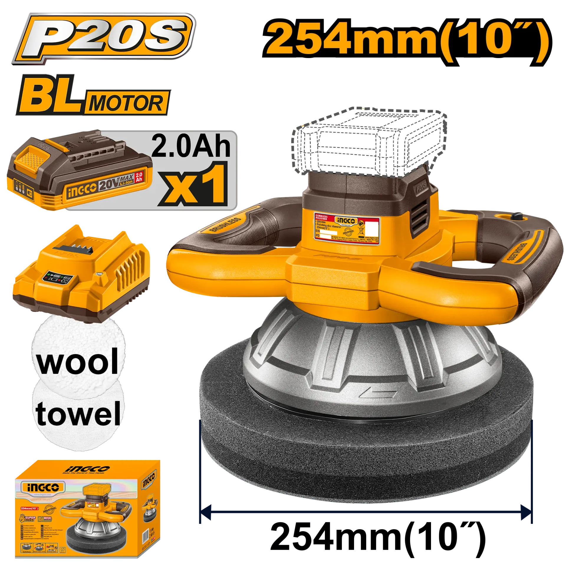 Polizues 254mm 20V 1x2.0Ah INGCO COPLI2025481