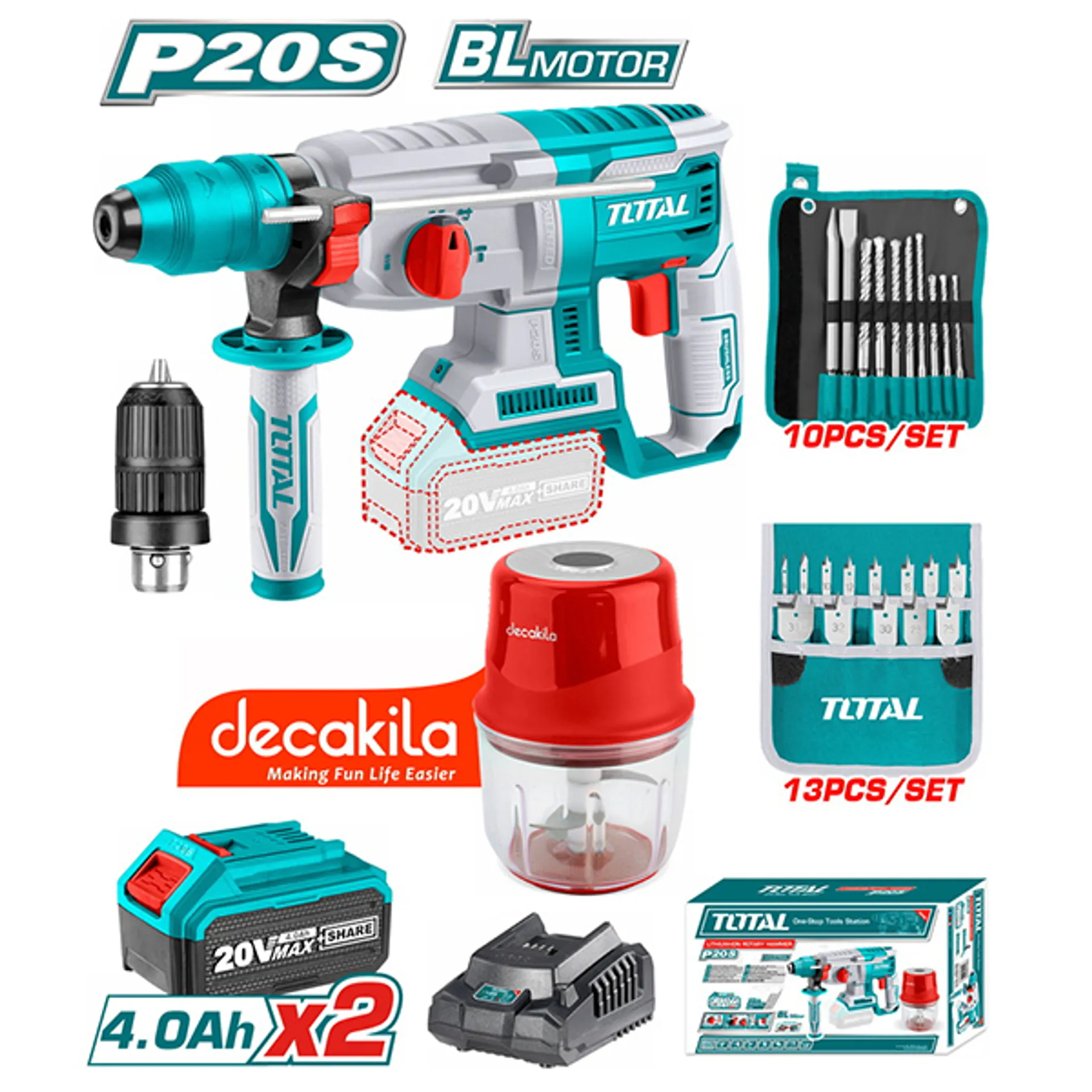 УДАРЕН ЧЕКАН ДУПЧАЛКА SDS+ 20V 2×4.0Ah + БЛЕНДЕР TOTAL TOSLI23031E