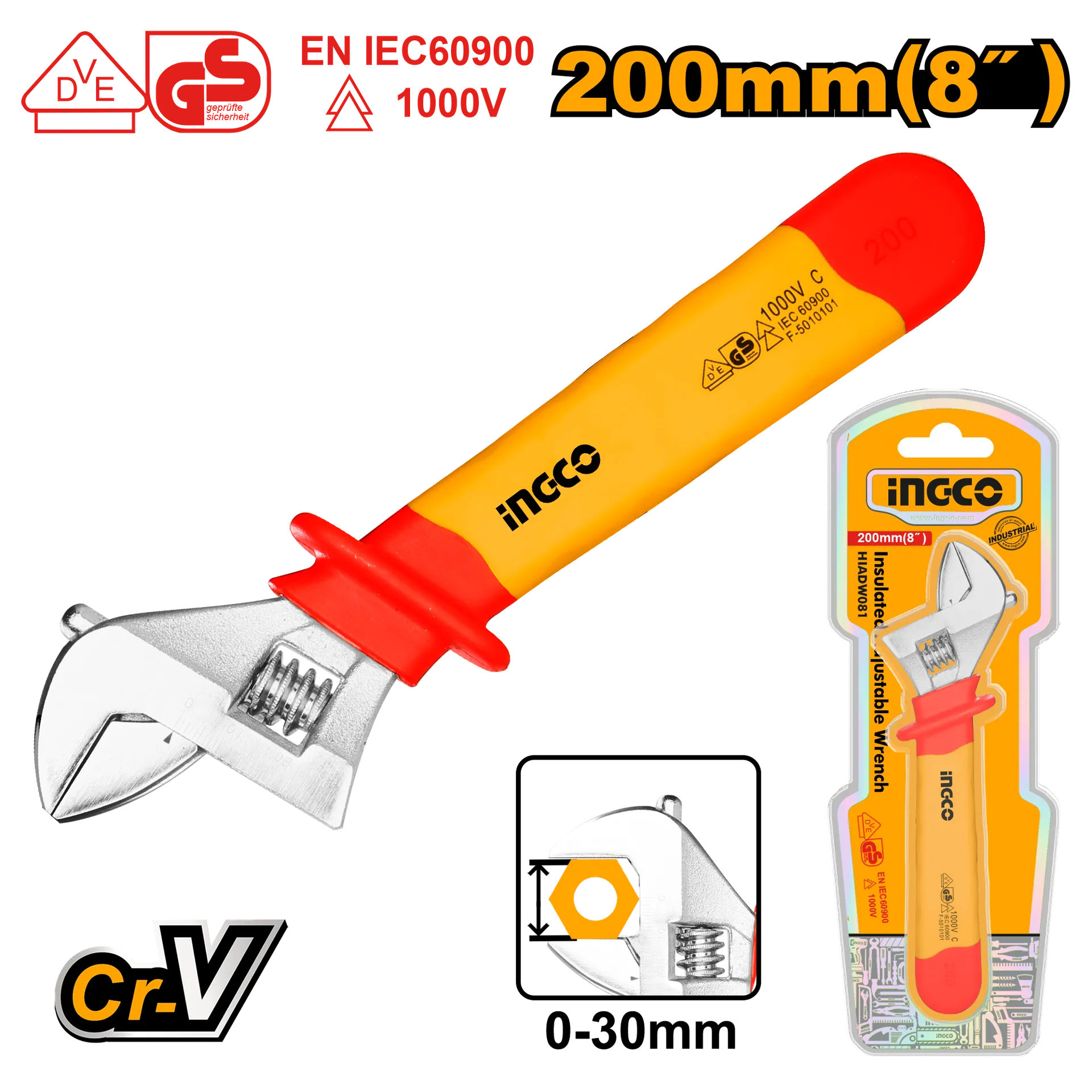 Çelës francez elektricisti 200mm (0-30mm) INGCO HIADW081