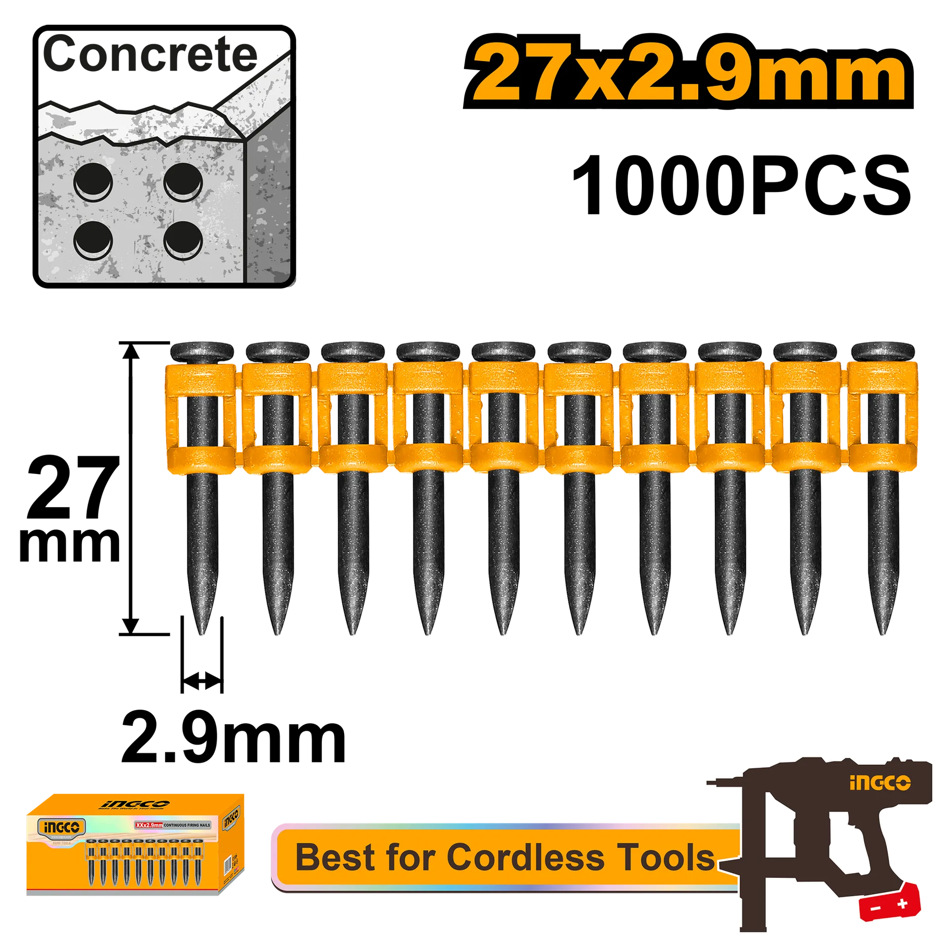 ШАЈКИ ЗА БЕТОН ЛЕНТА 2.9x27mm 1000PCS INGCO ANA02271
