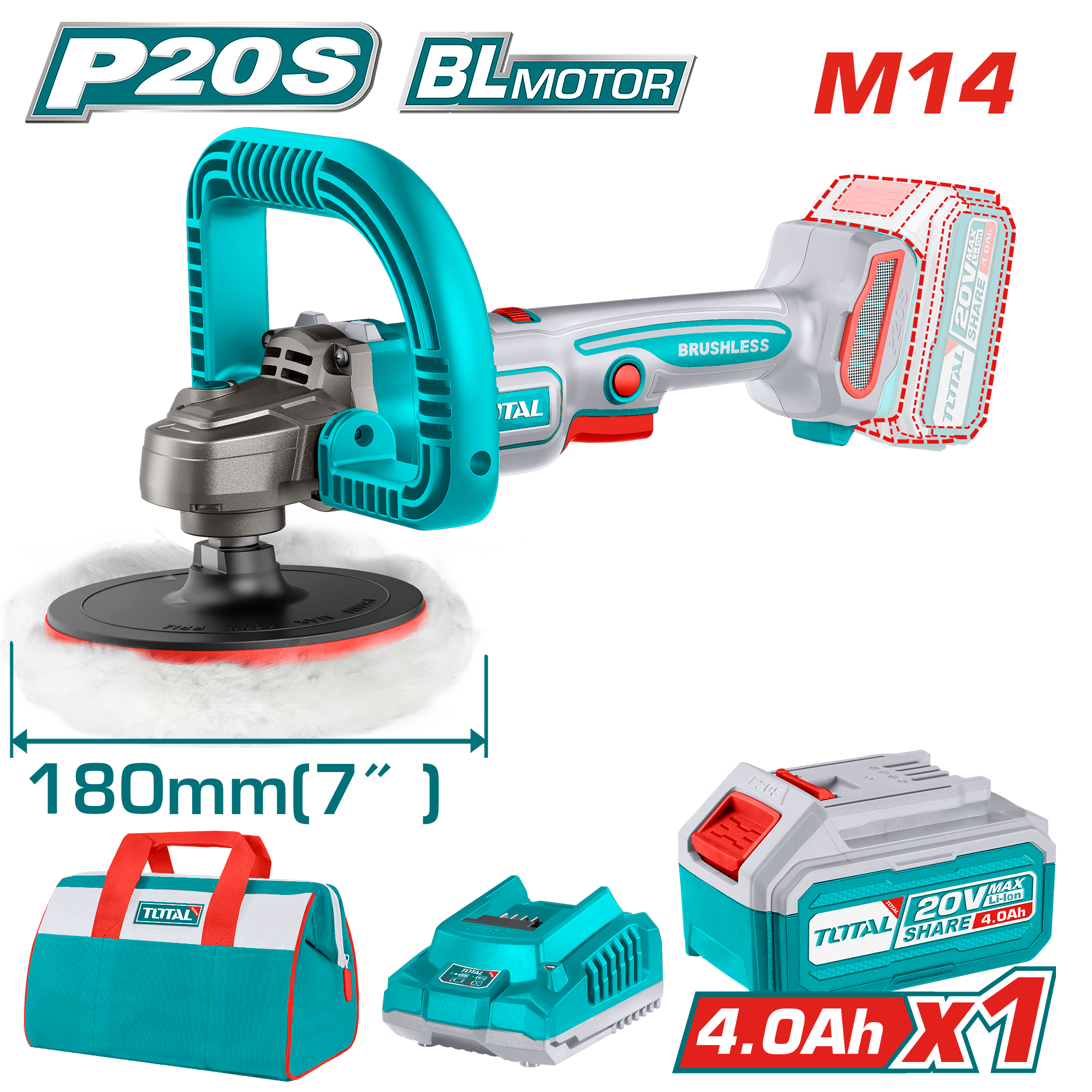 Lusheruese TOTAL 180mm 1×4.0Ah bateri 20V TAPLI20181