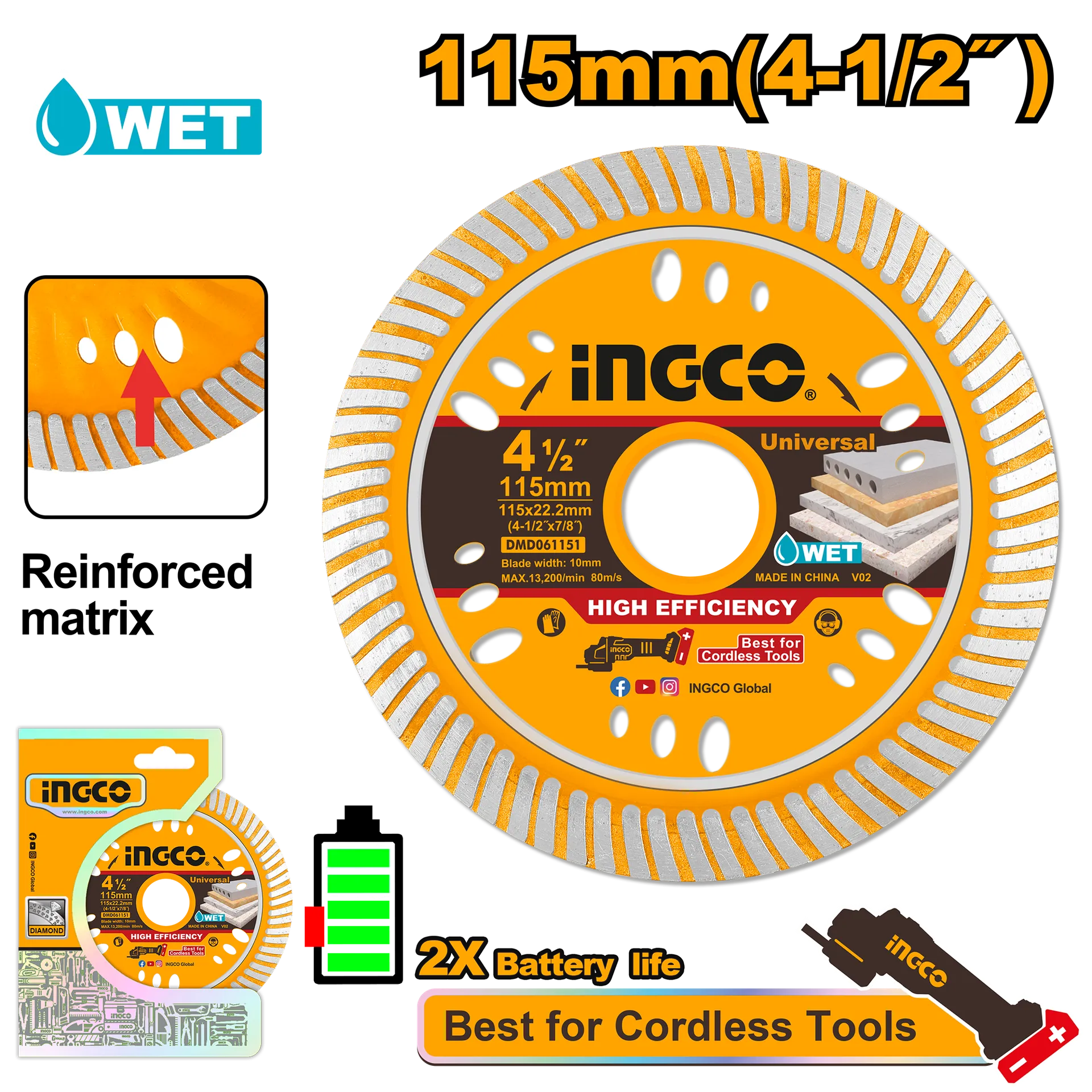 Disk diamant universal 115mm për vegël me bateri INGCO DMD061151