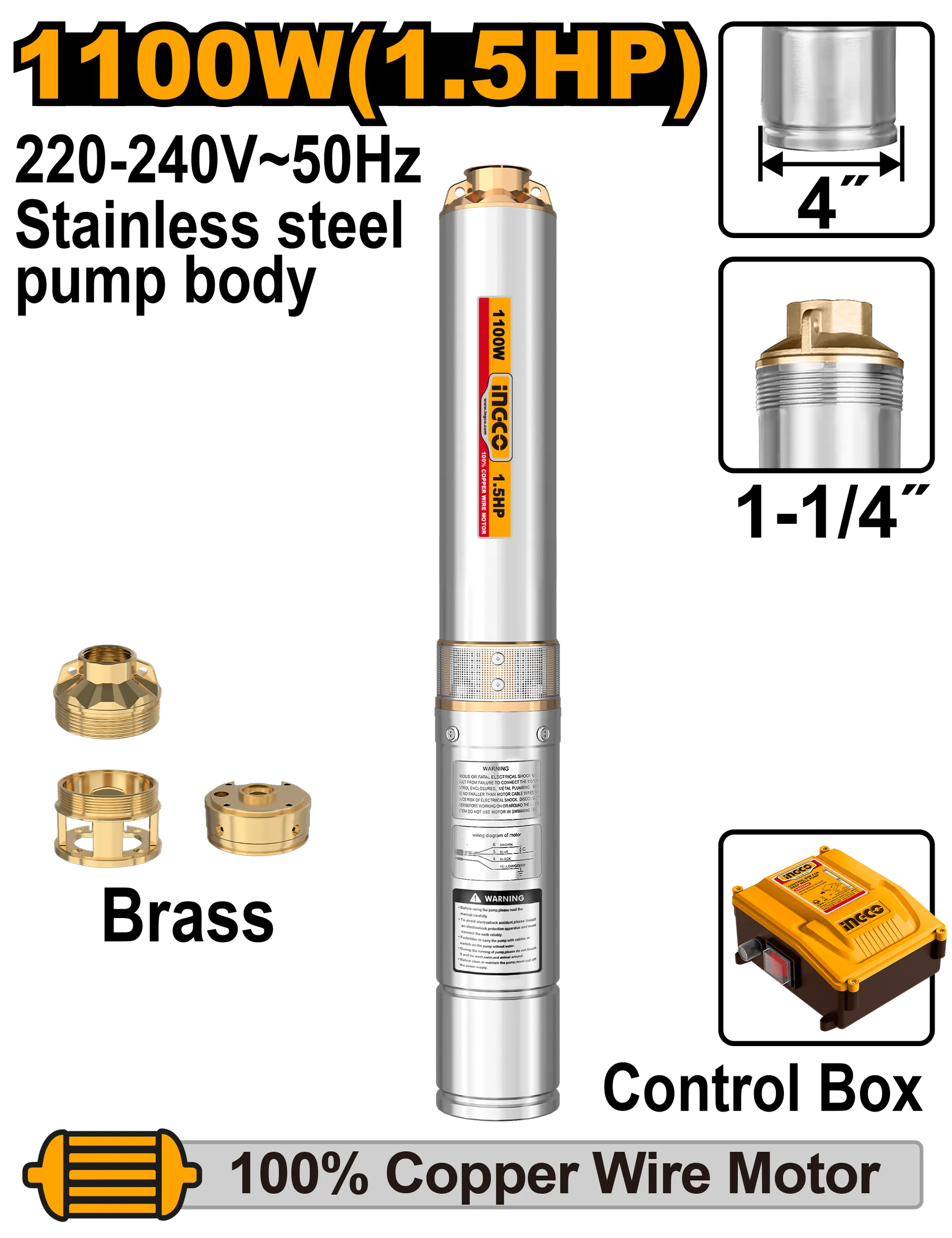 Pompë zhytese për ujin raketa + bashkim 1100W tunxh INGCO DWP110062