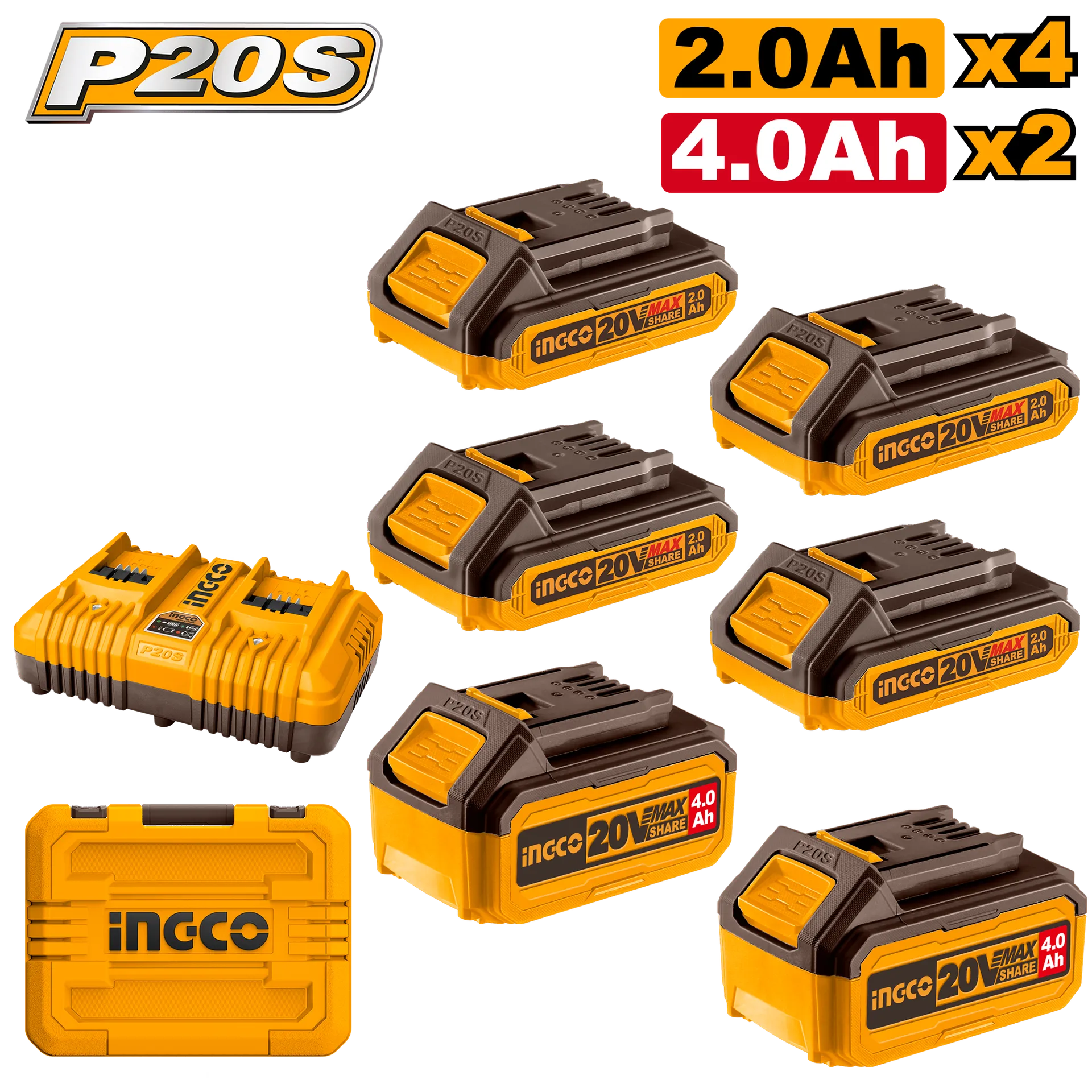 Set 4 baterie 20V 2x2Ah + 2x4Ah + karikues i dyfishte 4A + kuti INGCO COSLI230701