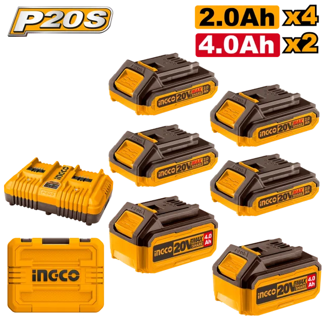 СЕТ 4 БАТЕРИИ 20v 2x2Ah + 2x4A + ДУПЛИ ПОЛНАЧ 4A + КУФЕР INGCO COSLI230701
