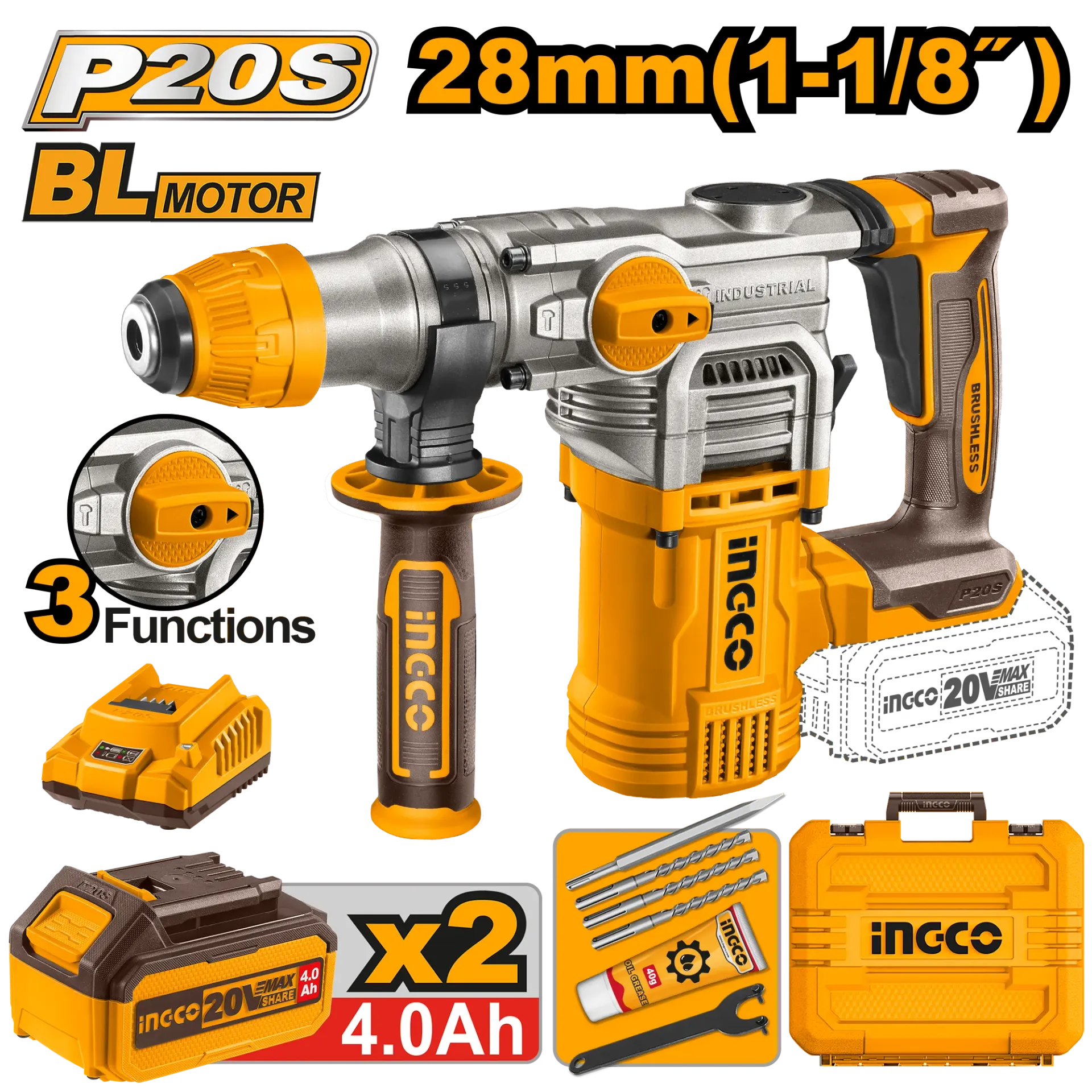Çekani goditës shpues 28mm SDS+ hilti 2x4.0Ah - INGCO CRHLI202882