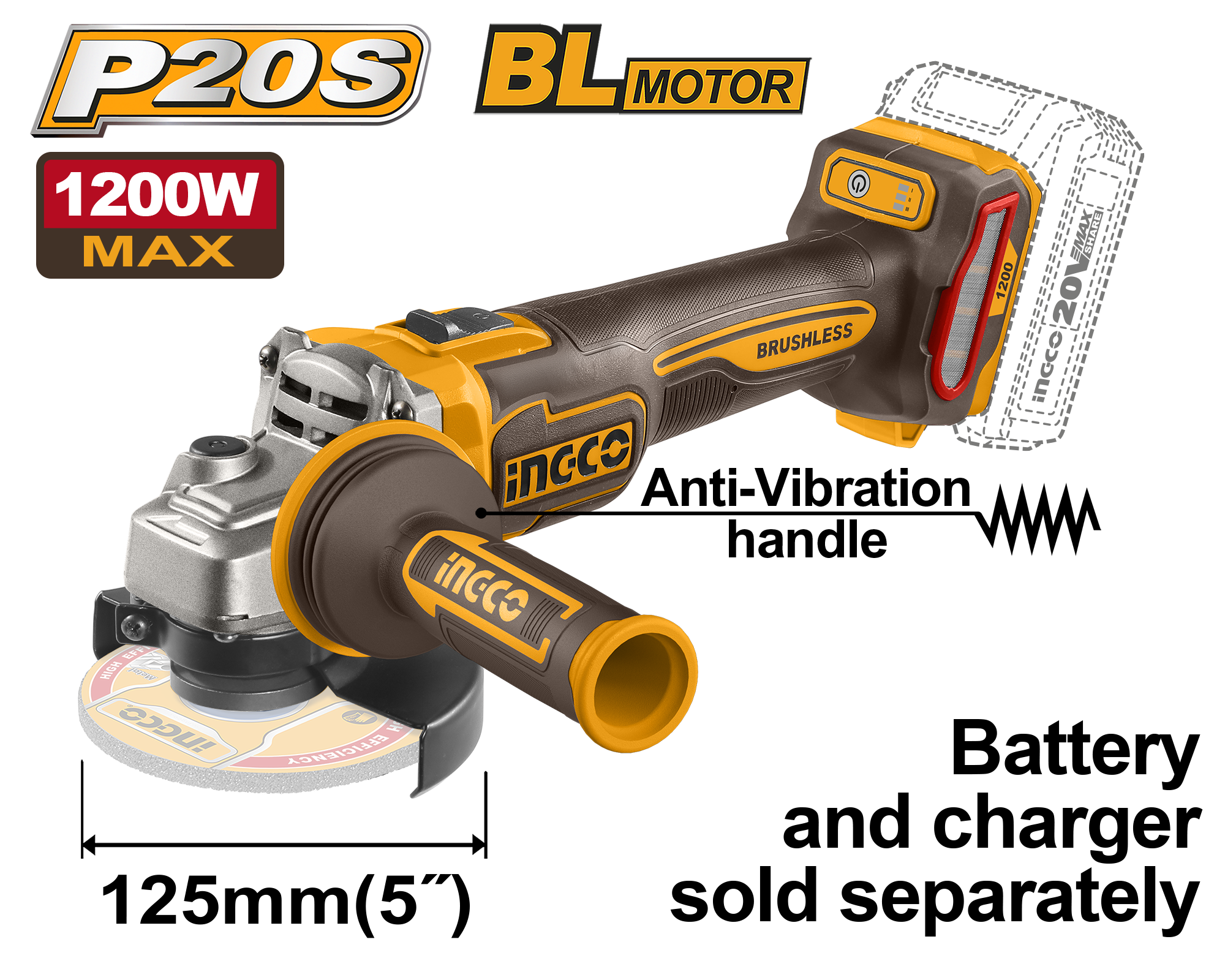 АГОЛНА БРУСИЛКА 20V СОЛО БЕЗ БАТЕРИИ 125mm 1200W BL АНТИВИБРАЦИСКА РАЧКА INGCO CAGLI212027