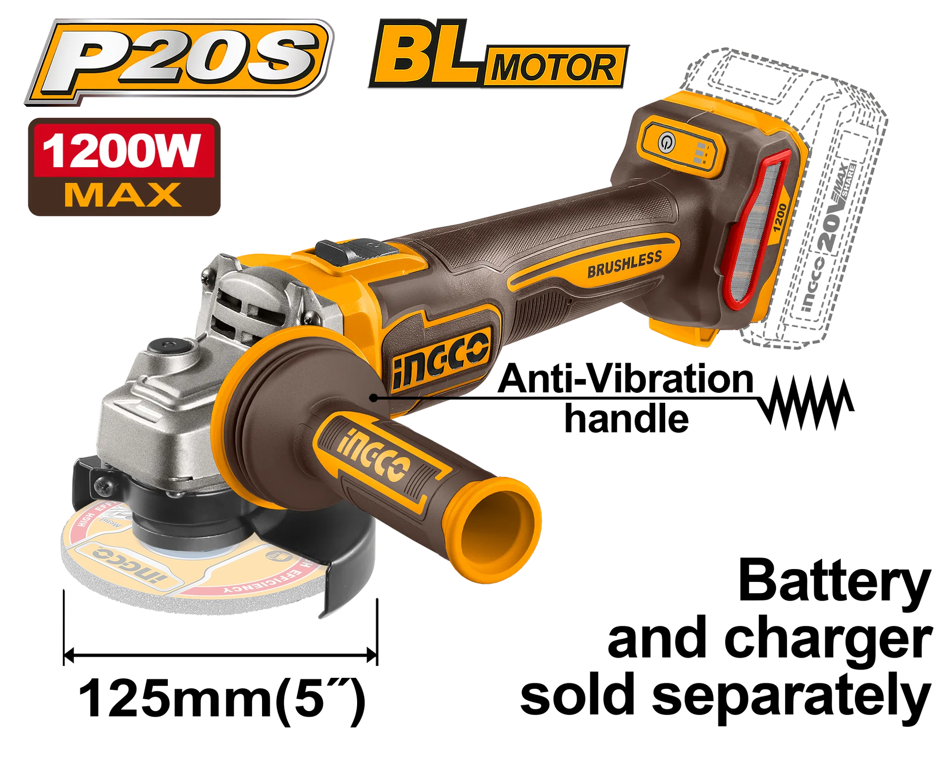 АГОЛНА БРУСИЛКА 20V СОЛО БЕЗ БАТЕРИИ 125mm 1200W BL АНТИВИБРАЦИСКА РАЧКА INGCO CAGLI212027