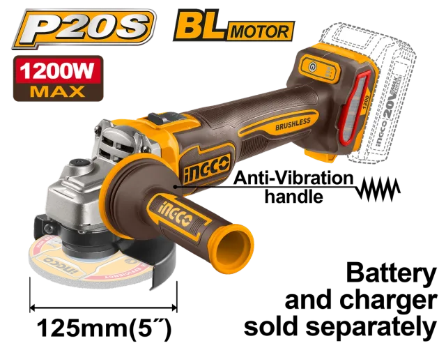 АГОЛНА БРУСИЛКА 20V СОЛО БЕЗ БАТЕРИИ 125mm 1200W BL АНТИВИБРАЦИСКА РАЧКА INGCO CAGLI212027