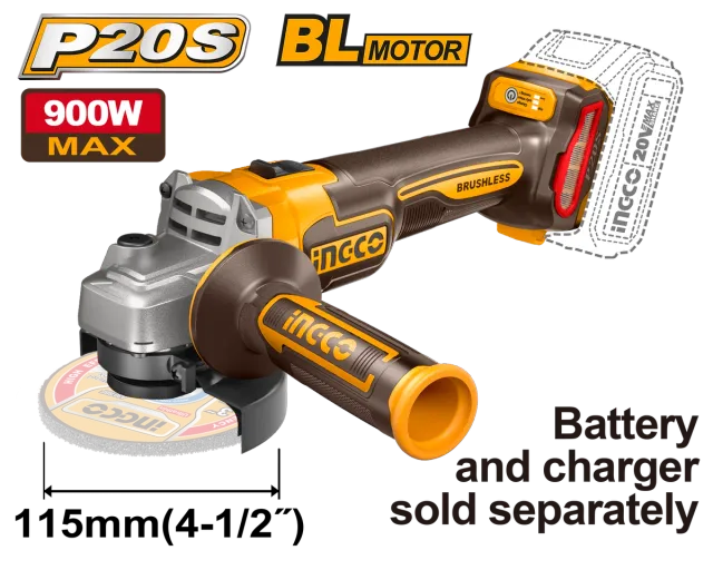 БАТЕРИСКА БРУСИЛКА 20V 115mm 3000/6000/9000 RPM СОЛО БЕЗ БАТЕРИИ INGCO CAGLI21154