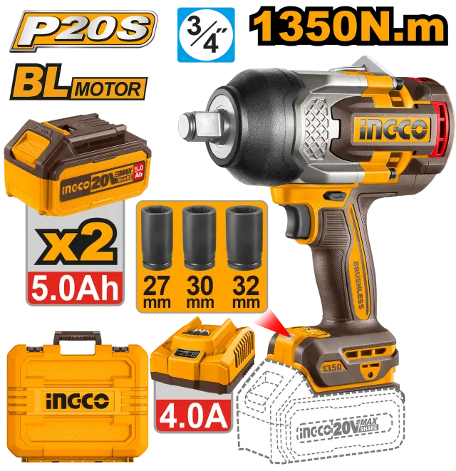 УДАРЕН ОДВРТУВАЧ 20V 1350Nm 2×5.0Ah БАТЕРИИ INGCO CIWLI20135