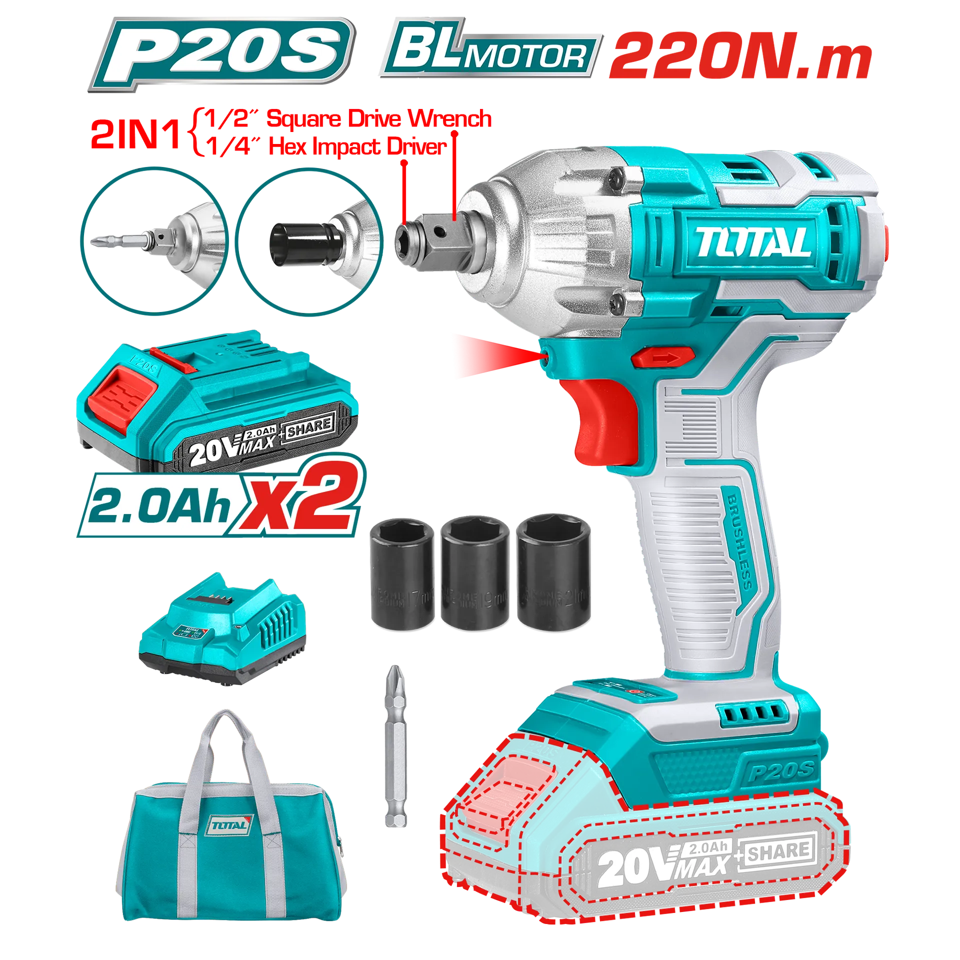 Driver goditese 20V 2×2.0Ah baterite TOTAL TIWLI20208