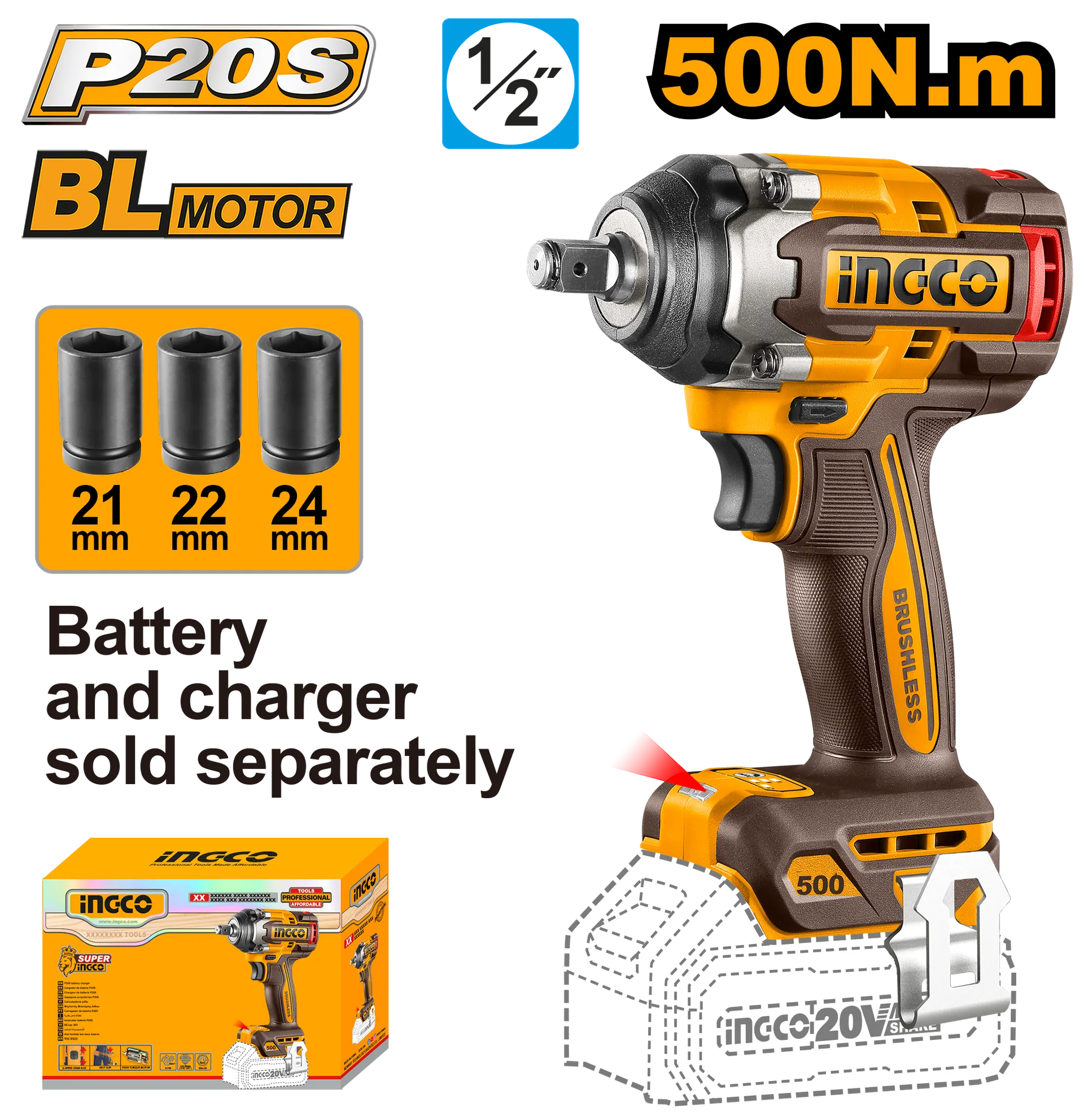 Përpunues goditjeje 500Nm 1/2 20V solo pa bateri - INGCO CIWLI20501