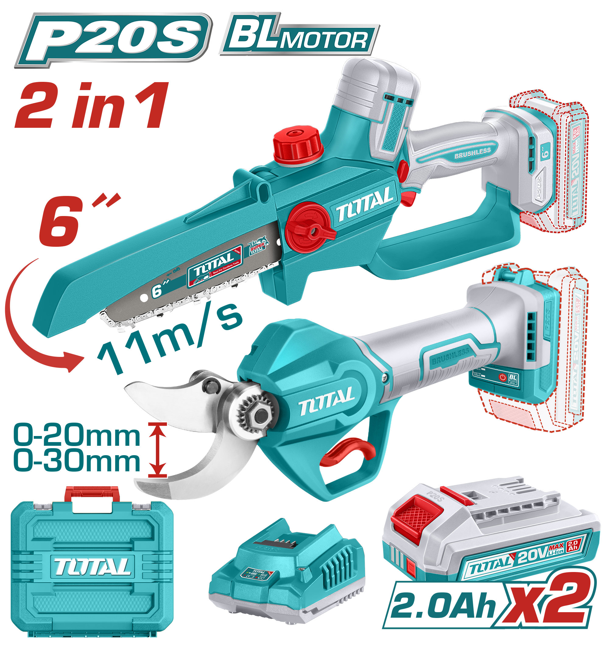 Sete combo kopshtarie makinat prerese per prera + sega 20V 2×2.0Ah TOTAL TOSLI250795