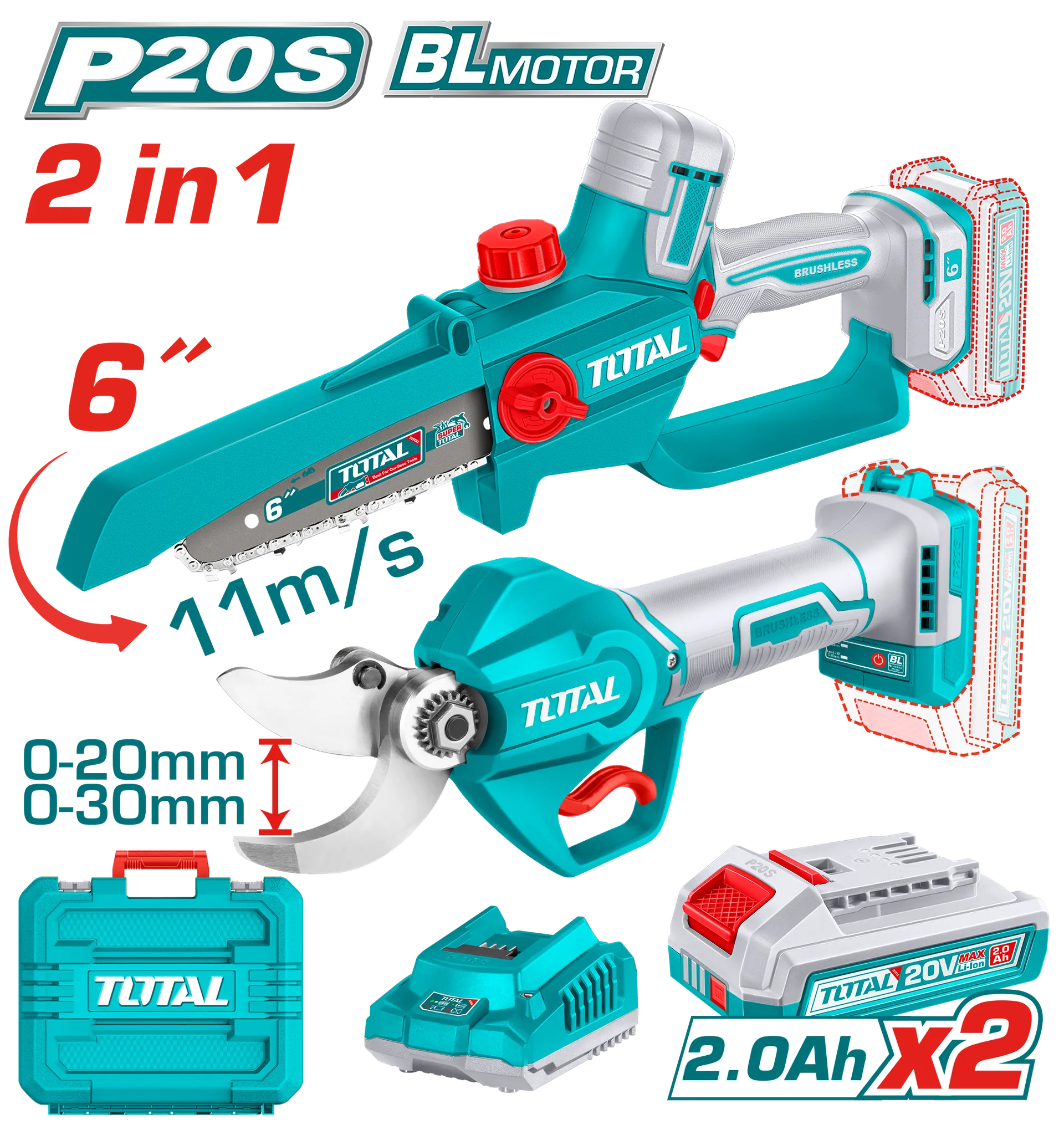 Sete combo kopshtarie makinat prerese per prera + sega 20V 2×2.0Ah TOTAL TOSLI250795