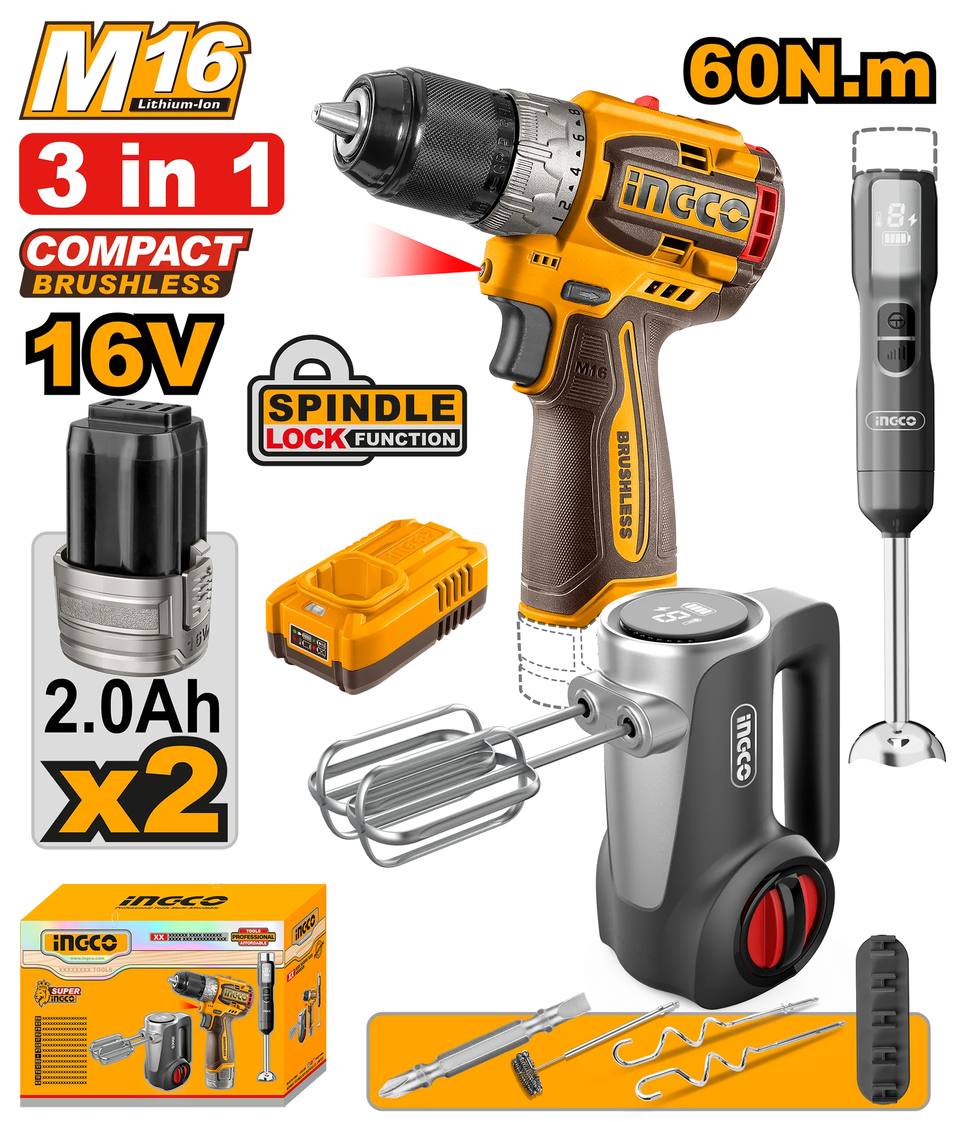 Bateriski combo set INGCO 3/1 16V Përforcues + Mikser Kuzhine + Blender Manual - CKLI1638