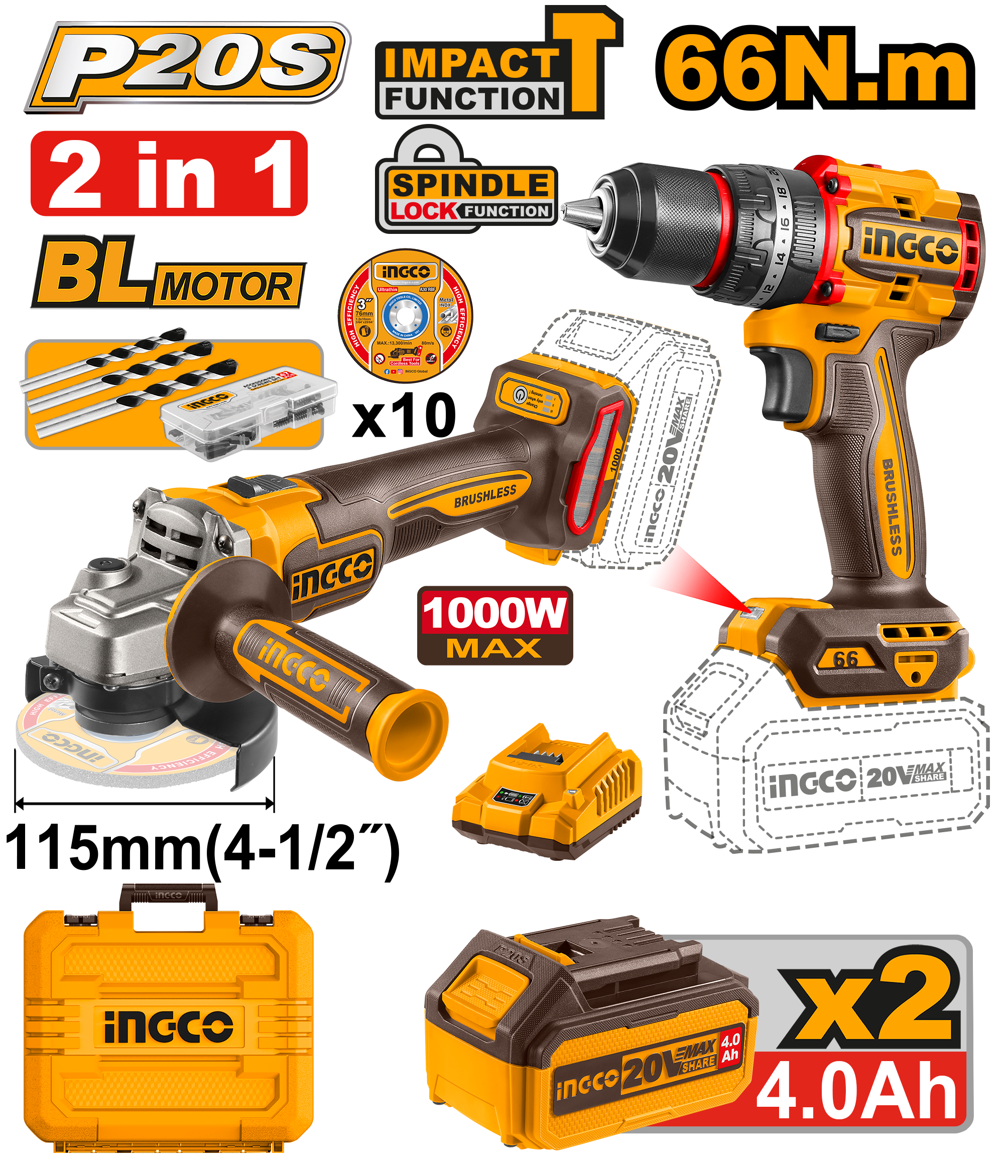 БАТЕРИСКИ COMBO СЕТ 2/1 20V ШТРАФИЛИЦА 66Nm+ БРУСИЛКА 2×4.0Ah БАТЕРИИ – INGCO CKLI20273