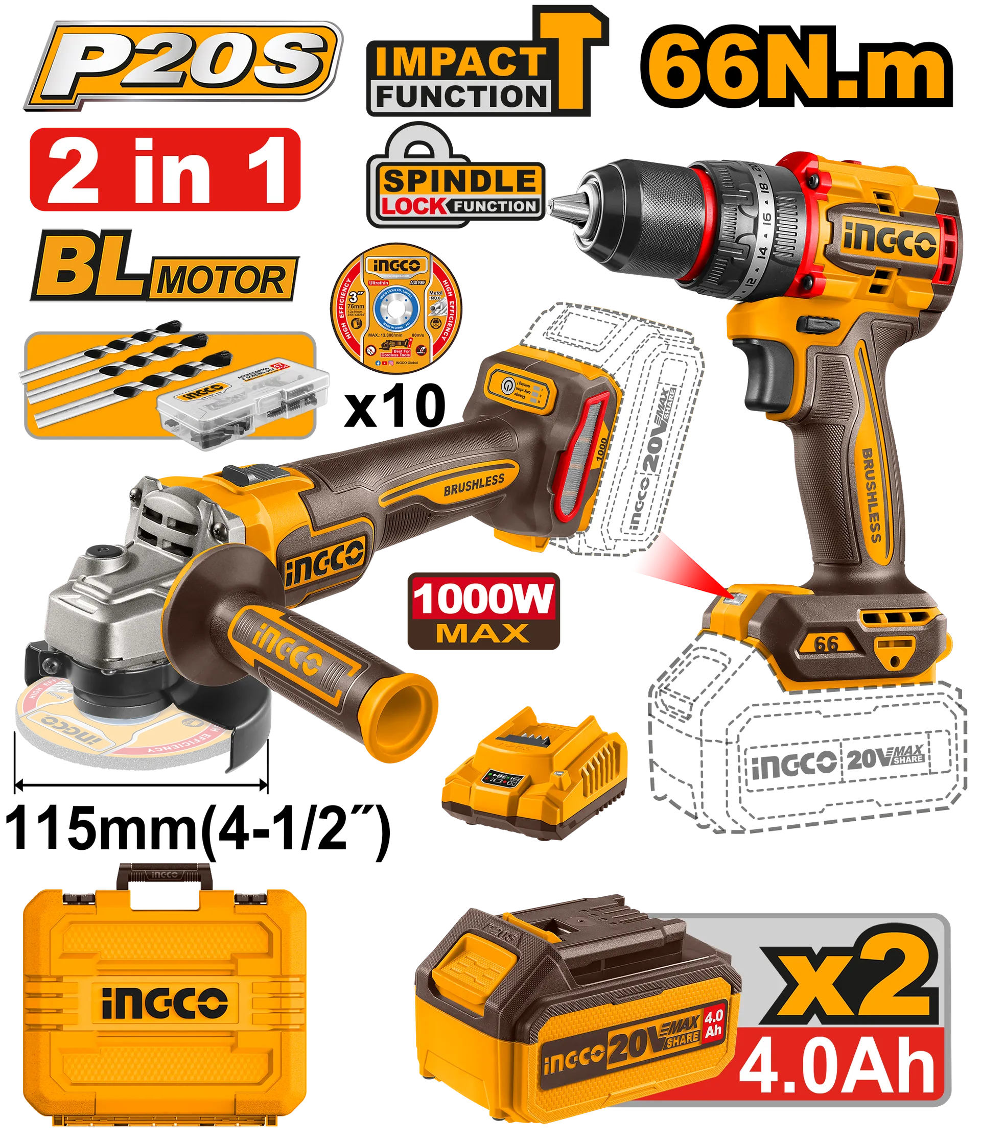 БАТЕРИСКИ COMBO СЕТ 2/1 20V ШТРАФИЛИЦА 66Nm+ БРУСИЛКА 2×4.0Ah БАТЕРИИ – INGCO CKLI20273