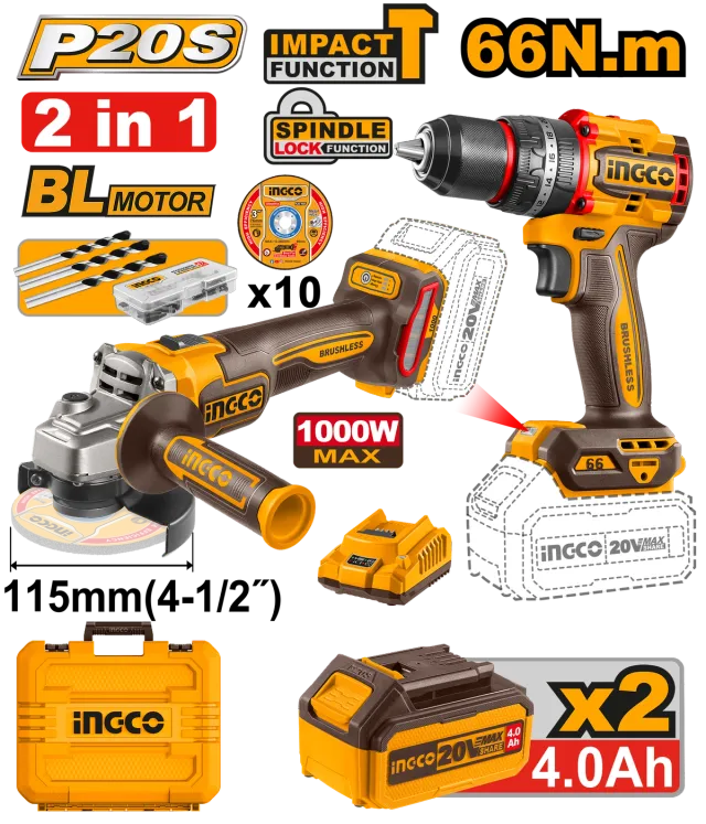 БАТЕРИСКИ COMBO СЕТ 2/1 20V ШТРАФИЛИЦА 66Nm+ БРУСИЛКА 2×4.0Ah БАТЕРИИ – INGCO CKLI20273