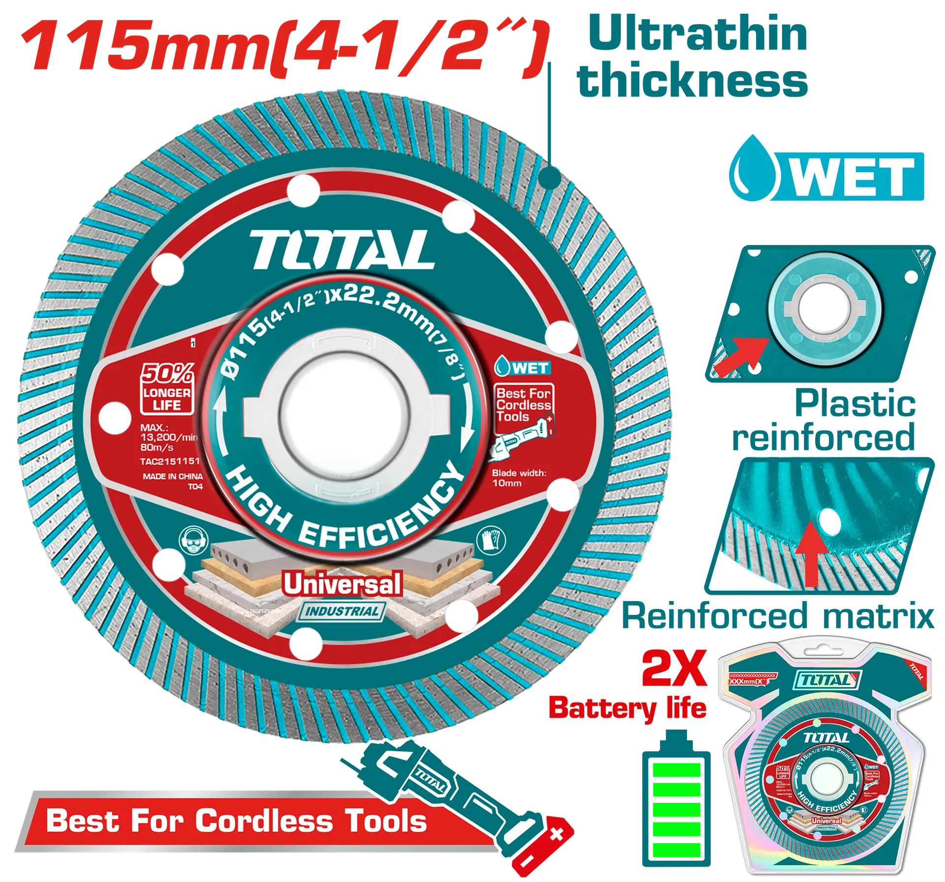 Disk diamant 115mm universal i hollë për vegël me bateritë TOTAL TAC2151151