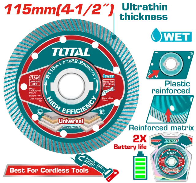 ДИЈАМАНТСКИ ДИСК 115mm УНИВЕРЗАЛЕН ТЕНОК ЗА БАТЕРИСКИ АЛАТ TOTAL TAC2151151