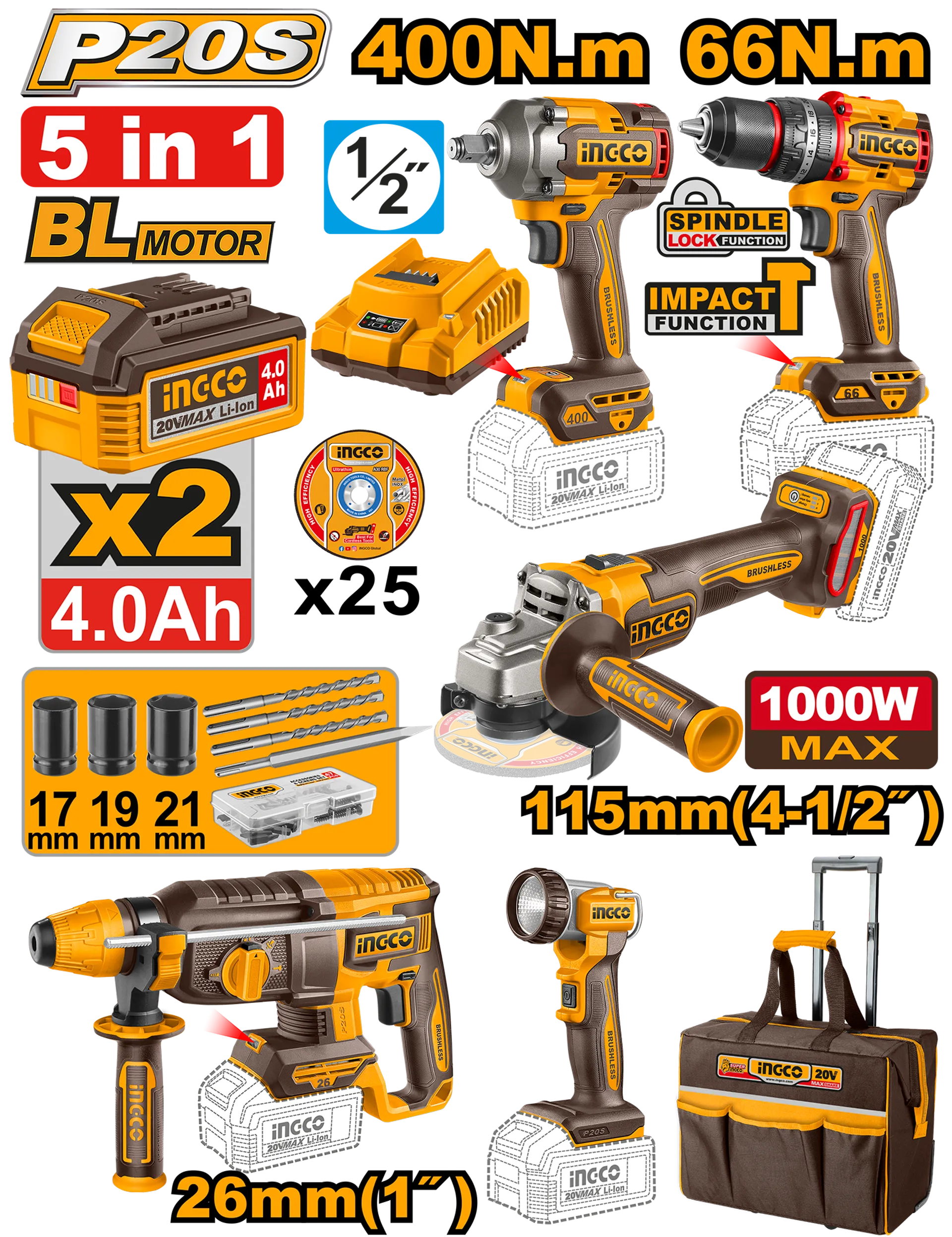 Setit baterie combo 5/1 INGCO CKLI2059