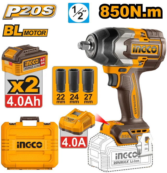 УДАРЕН ОДВРТУВАЧ 20V 850N 2×4.0Ah БАТЕРИИ INGCO CIWLI2085