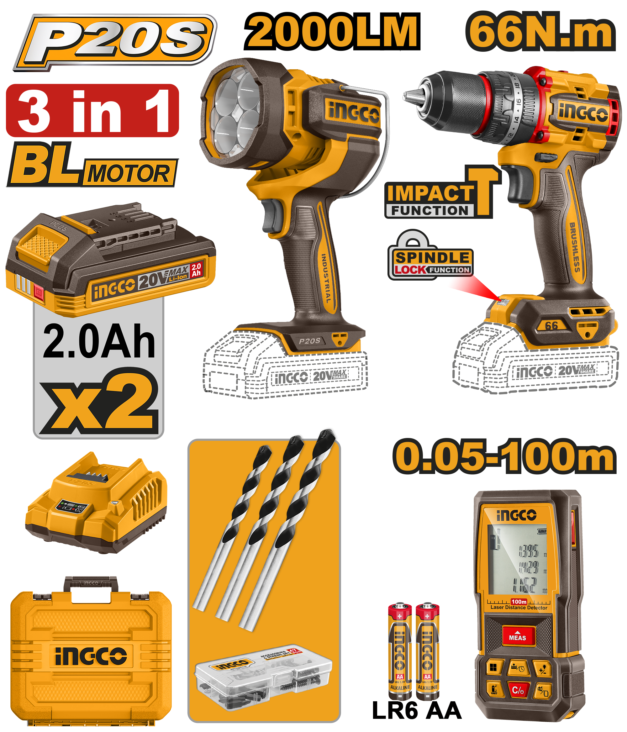 COMBO СЕТ 3/1 20V 2×2.0Ah ШТРАФИЛИЦА 66Nm + СВЕТИЛКА 2000LM + ЛАСЕРСКО МЕТРО INGCO COSLI250885
