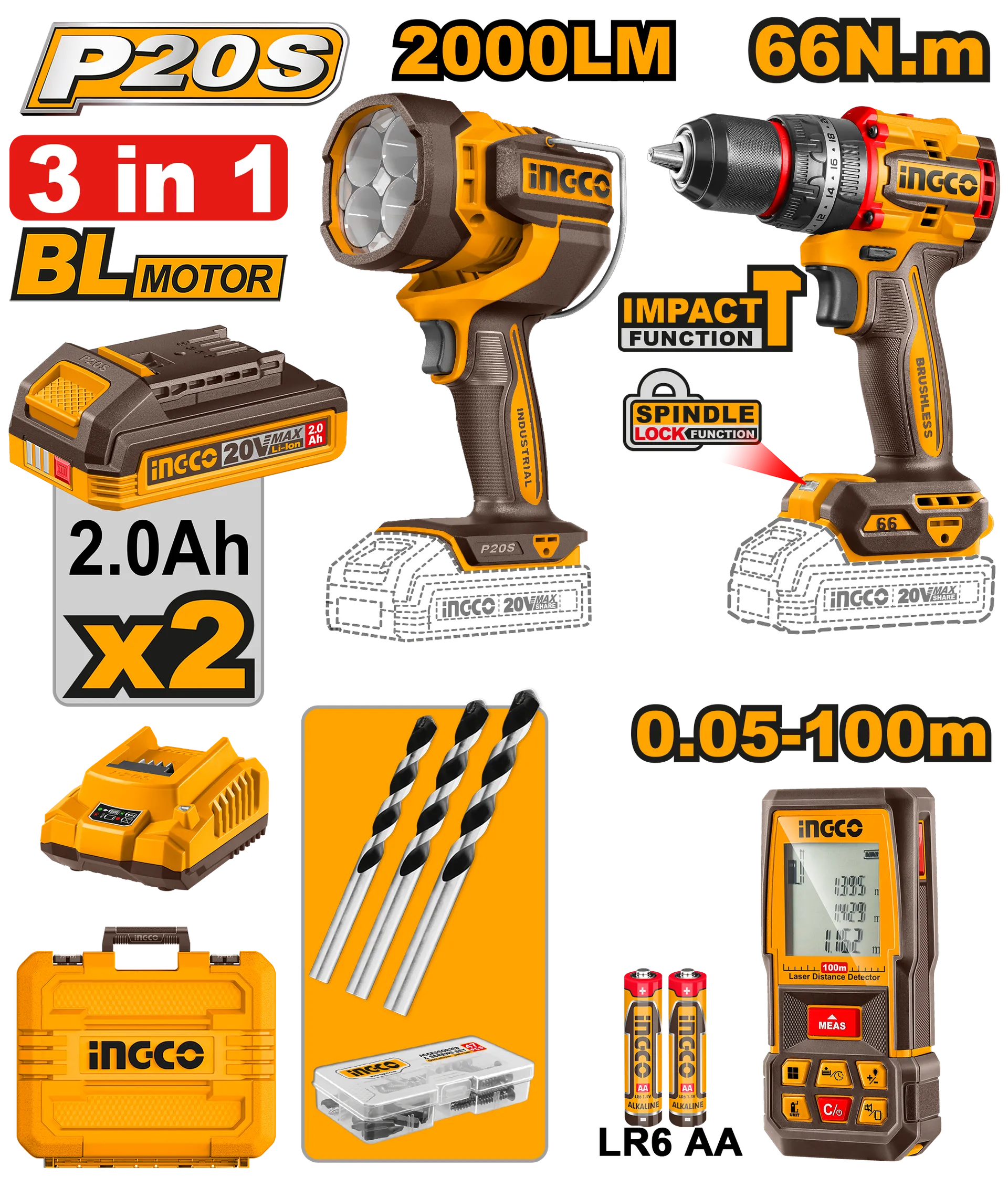 Combo set 3/1 20V 2x2.0Ah përforcues 66Nm + llampë 2000LM + metër laser INGCO COSLI250885