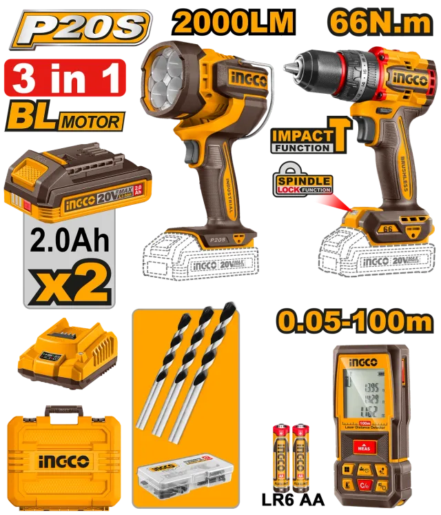 COMBO СЕТ 3/1 20V 2×2.0Ah ШТРАФИЛИЦА 66Nm + СВЕТИЛКА 2000LM + ЛАСЕРСКО МЕТРО INGCO COSLI250885