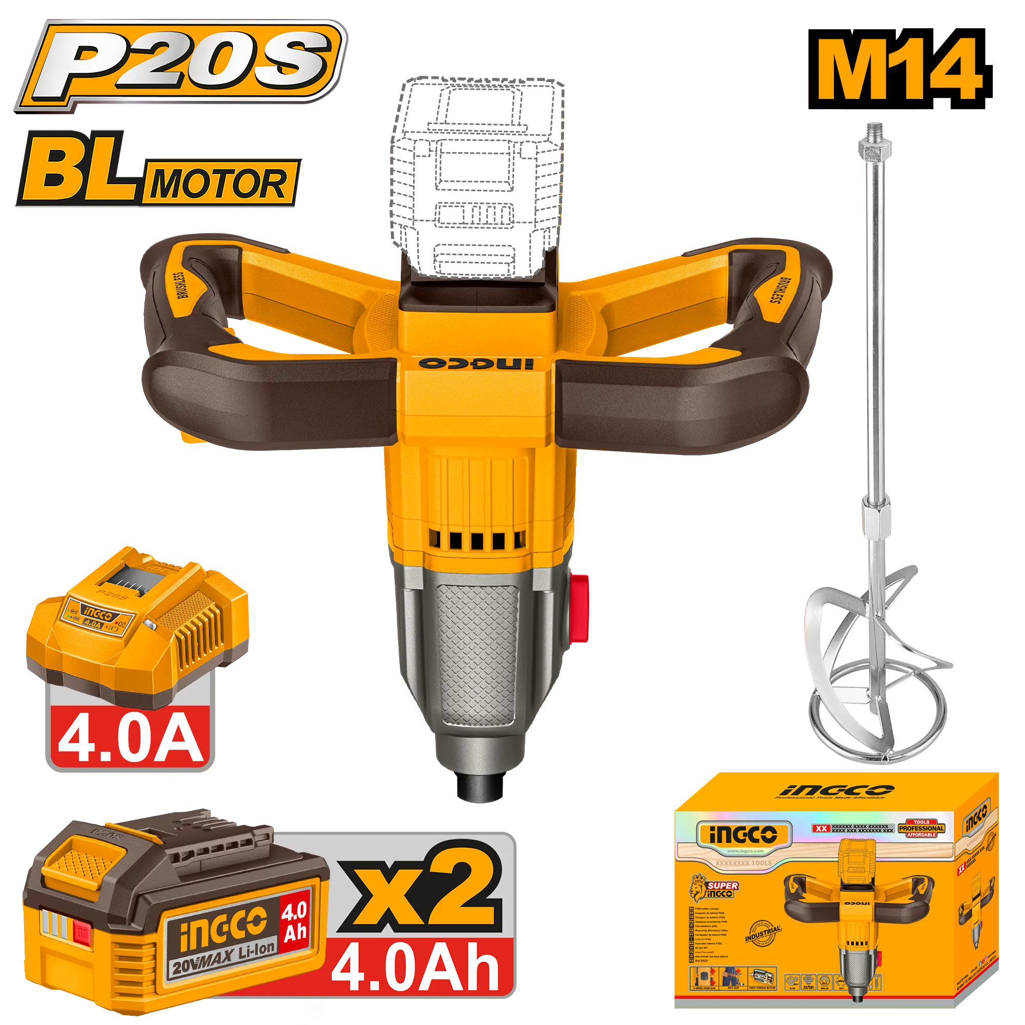 Përzierëse baterike 20V 2×4.0Ah M14 INGCO MXLI20162