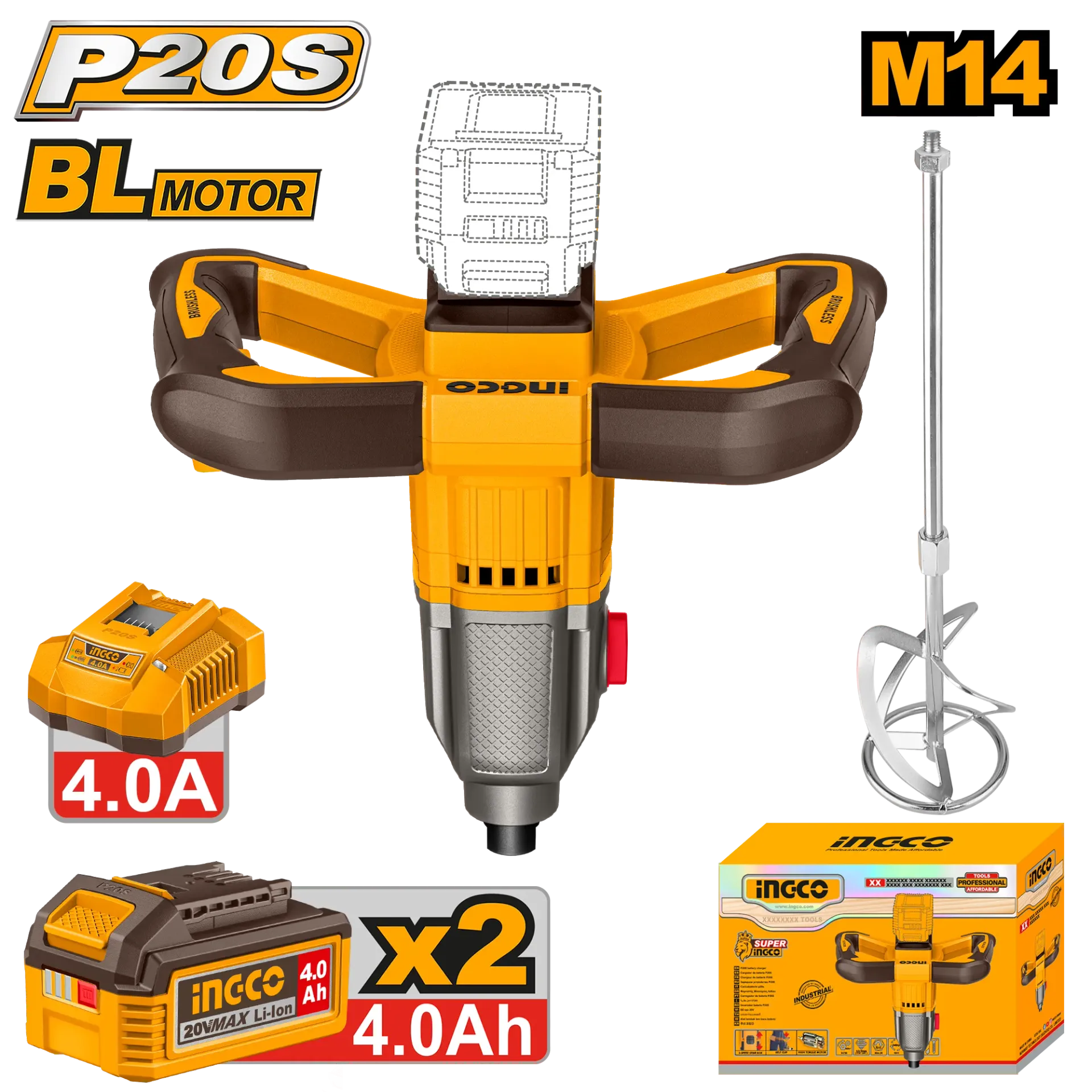 БАТЕРИСКА МЕШАЛКА 20V 2×4.0Ah M14 INGCO MXLI20162