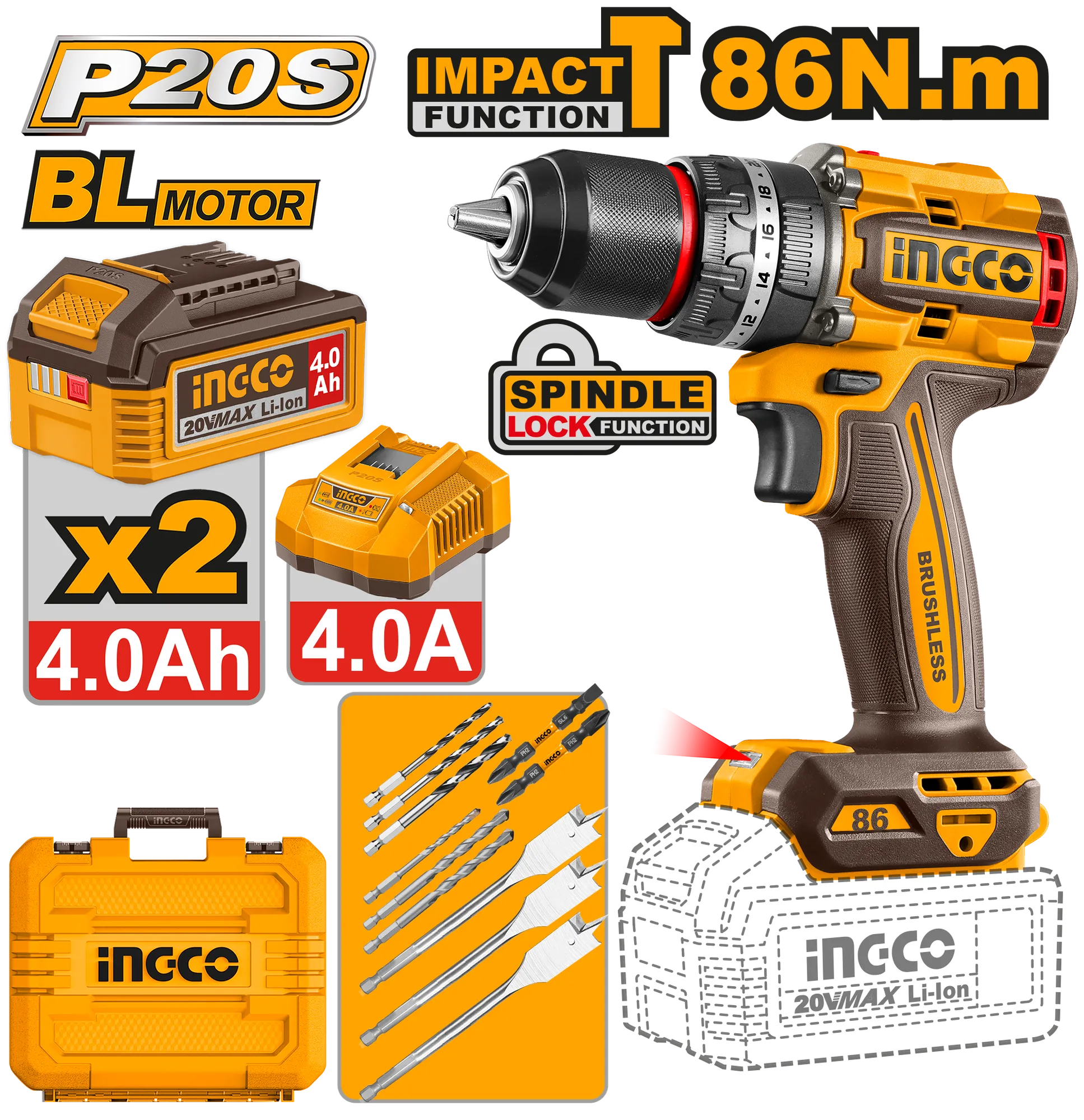 Strrafvilica 86Nm 20V 2X4.0Ah baterie INGCO CIDLI208682