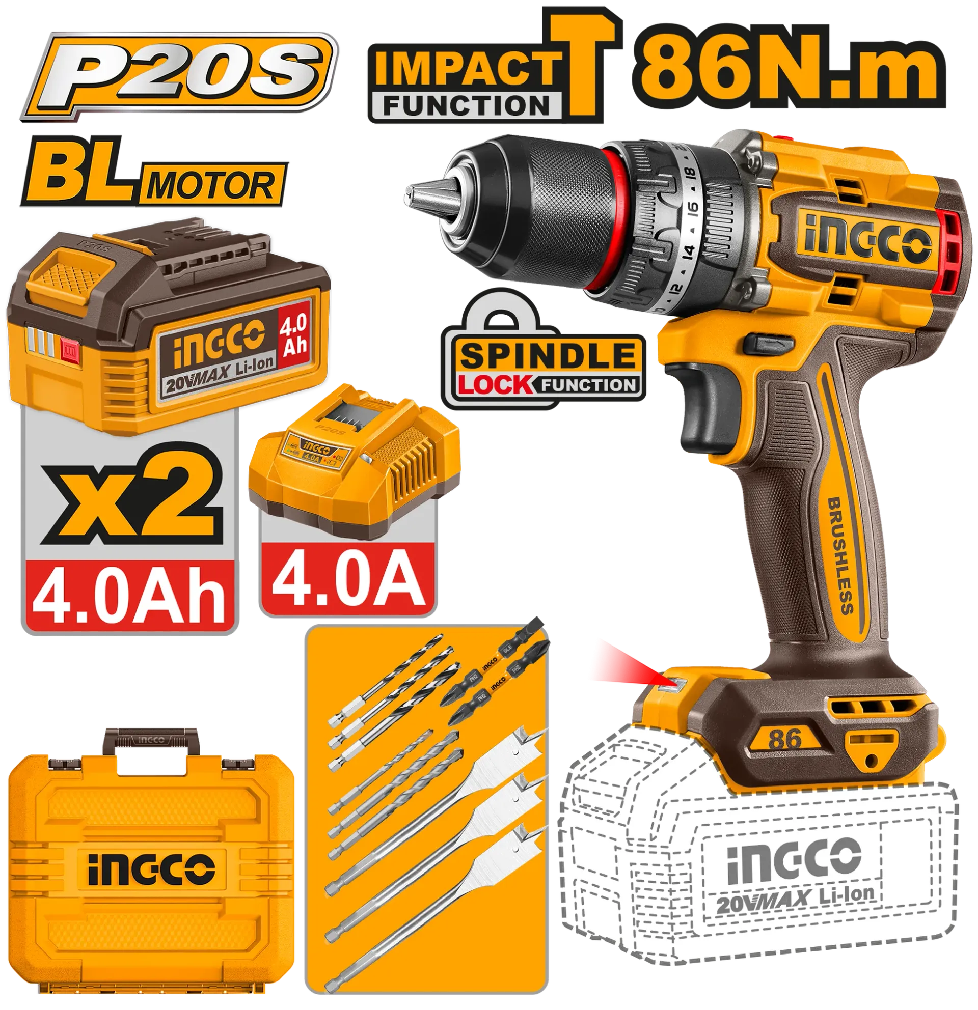 ШТРАФИЛИЦА 86Nm 20V 2X4.0Ah БАТЕРИИ INGCO CIDLI208682