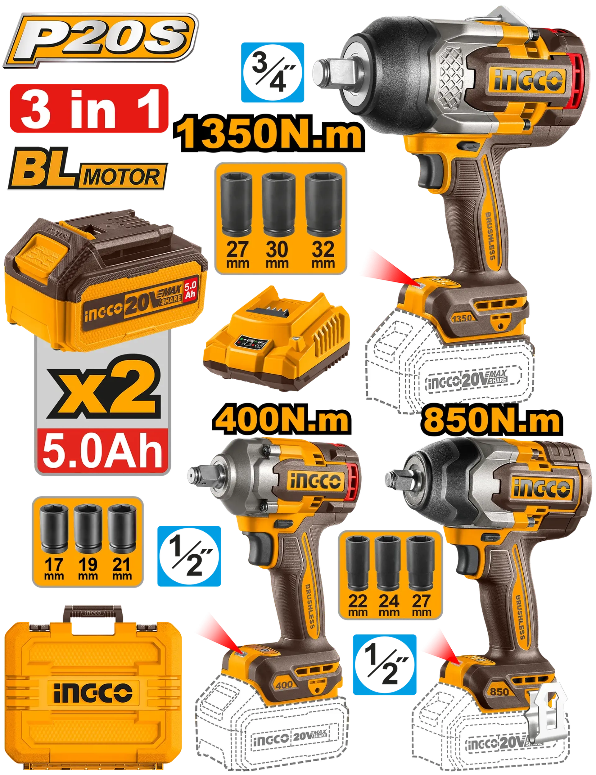 Combo set 3/1 vidhosje goditese 1350Nm+850Nm+400Nm INGCO COSLI250386