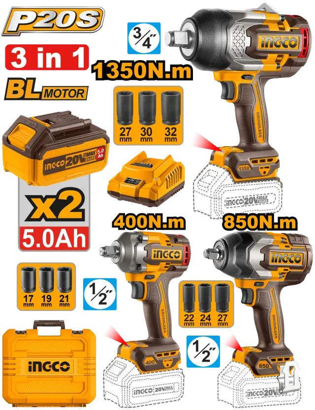 COMBO СЕТ 3/1 УДАРНИ ОДВРТУВАЧИ 1350Nm+850Nm+400Nm INGCO COSLI250386
