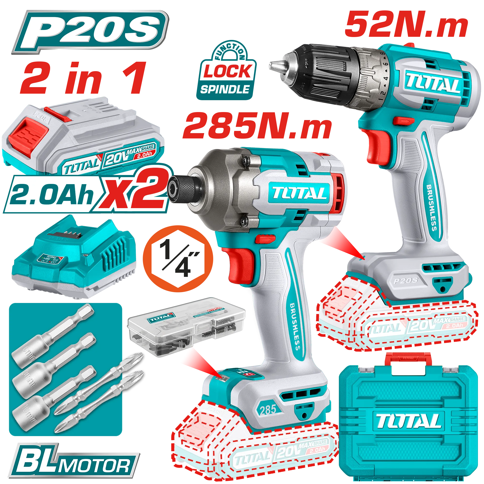 СЕТ 2/1 ШТРАФИЛИЦА 52Nm + ОДВРТУВАЧ 285Nm 20V 2×2.0Ah TOTAL TCKLI20272